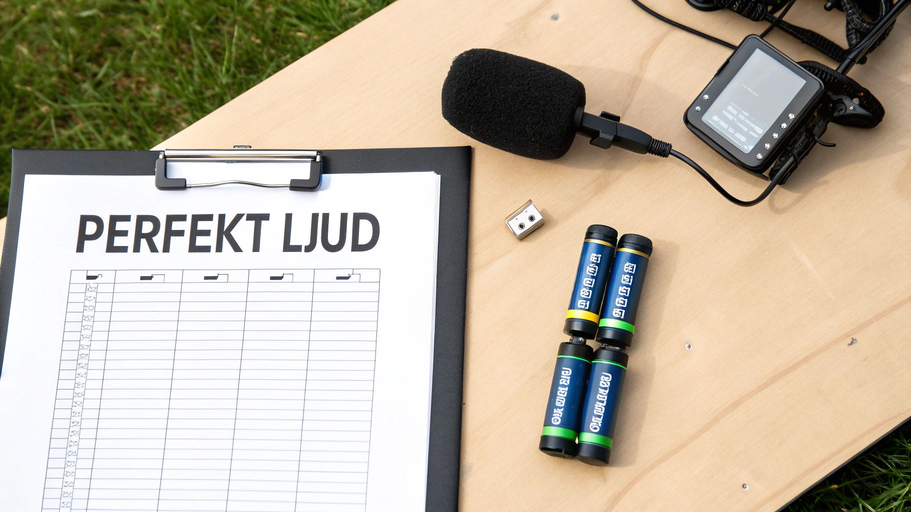 Udstyr til lydoptagelse inklusive mikrofon, lydoptager og batterier på en træplade med græs i baggrunden.