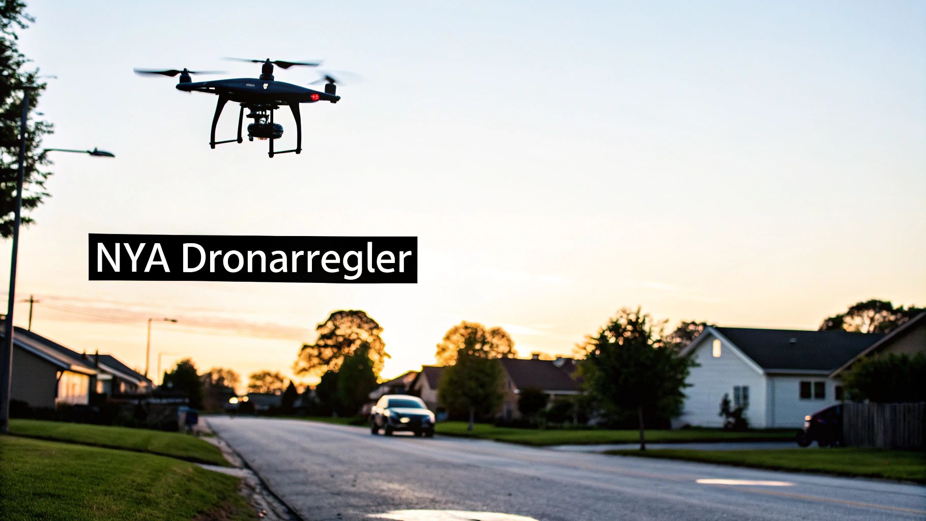Drooni lentää hiljaisen asuinalueen yllä auringonlaskun aikaan, ja siinä on teksti "Uudet droonien säännöt".