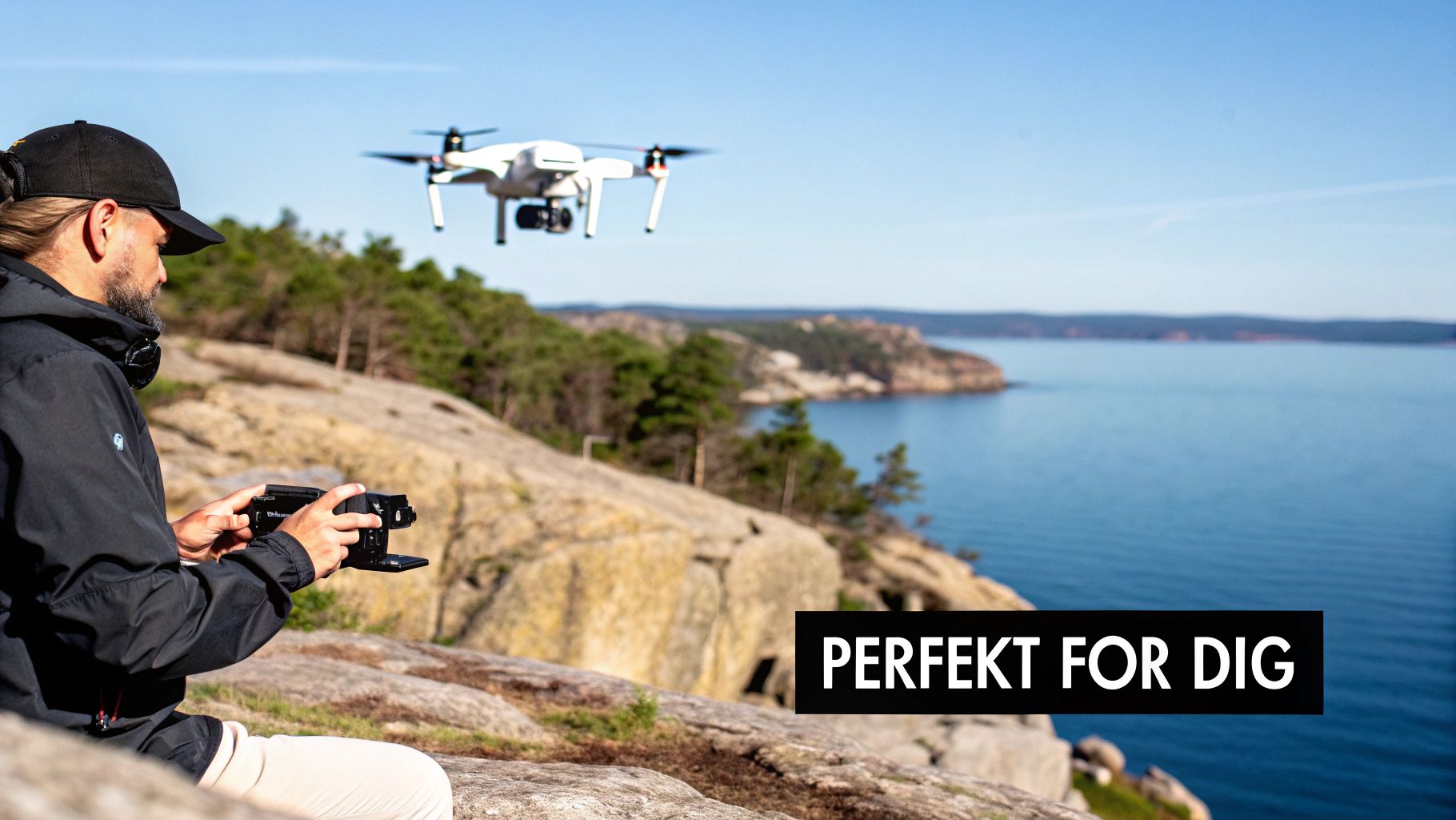 En DJI Mini 5 Pro drönare som flyger över ett dramatiskt landskap i solnedgången