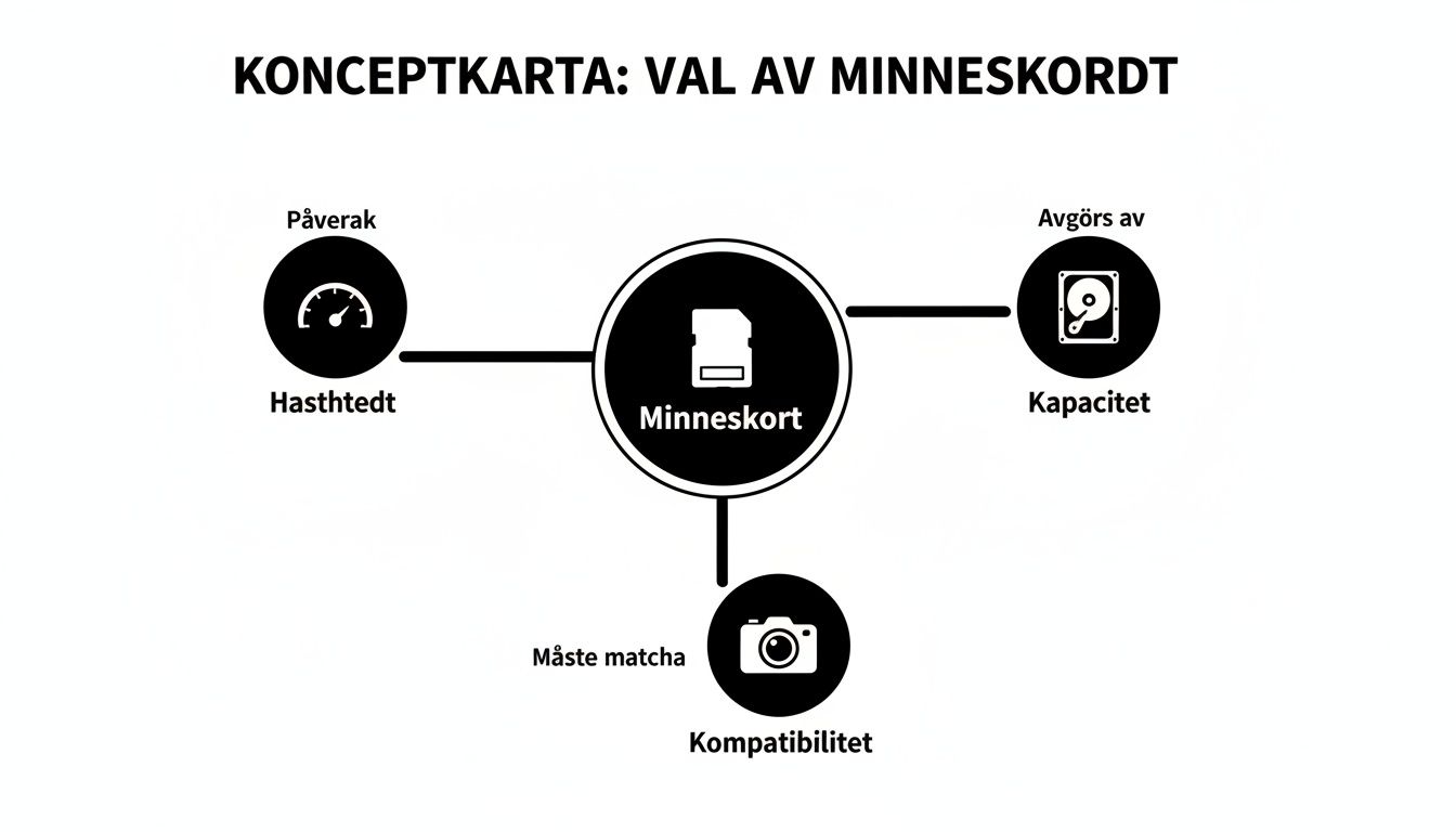 Konceptkort, der illustrerer valg af hukommelseskort baseret på hastighed, kapacitet og enhedskompatabilitet.