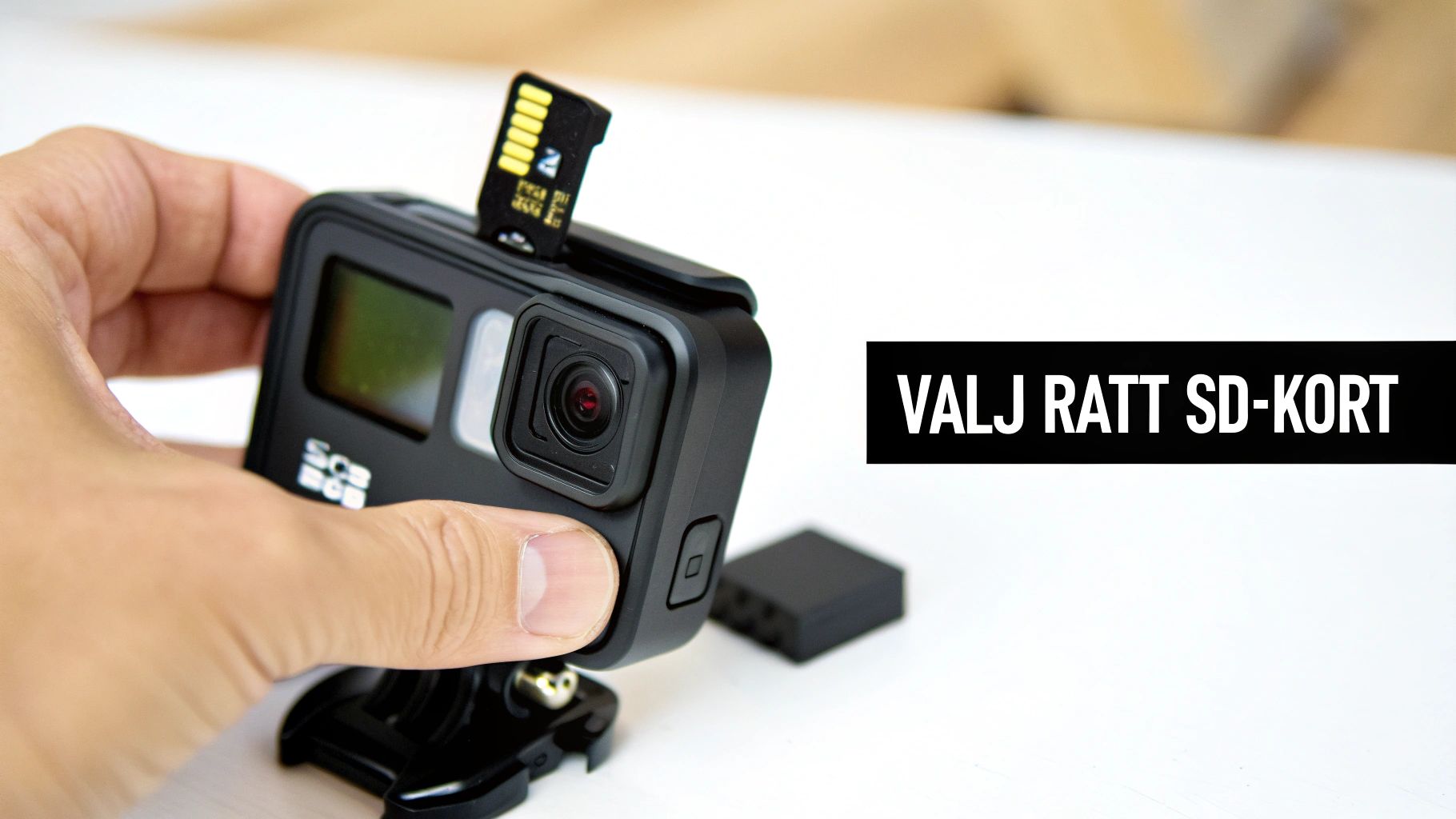 A hand inserting a microSD card into a GoPro camera with the text "CHOOSE THE RIGHT SD CARD".