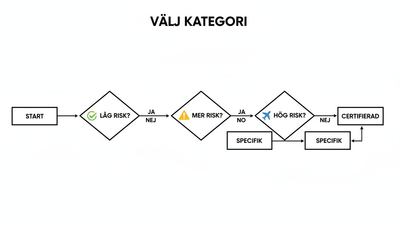 Vuokaavio, joka havainnollistaa droonien riskitason mukaisen luokan valintaa, jossa päätöksentekopisteet vaihtelevat matalasta korkeaan riskiin.