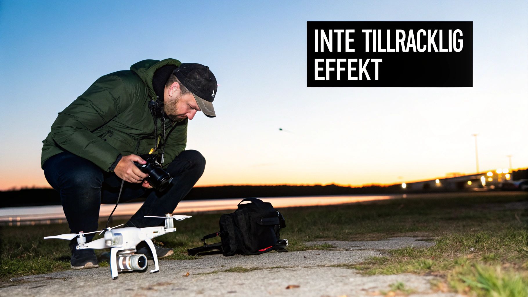A man with a camera and drone crouching outdoors during sunset, with the text 'NOT ENOUGH POWER'.