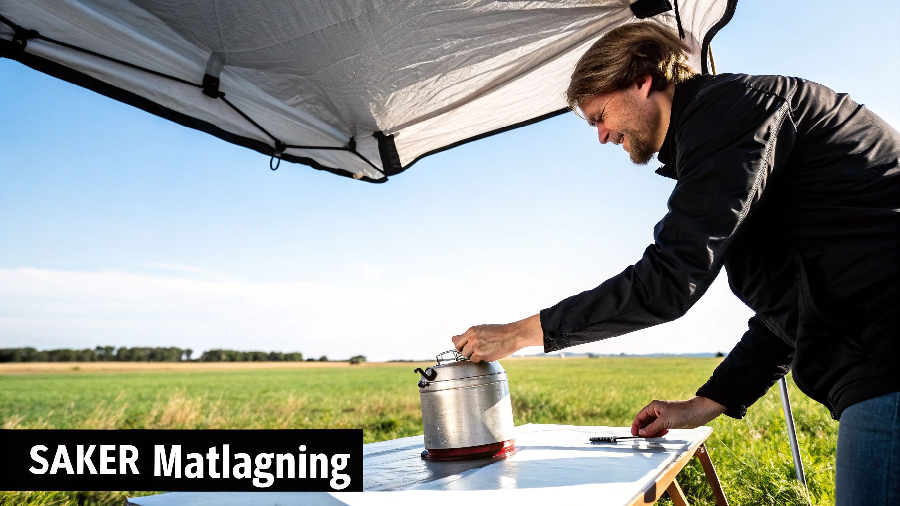 En person som monterar ett stormkök i ett skogslandskap.