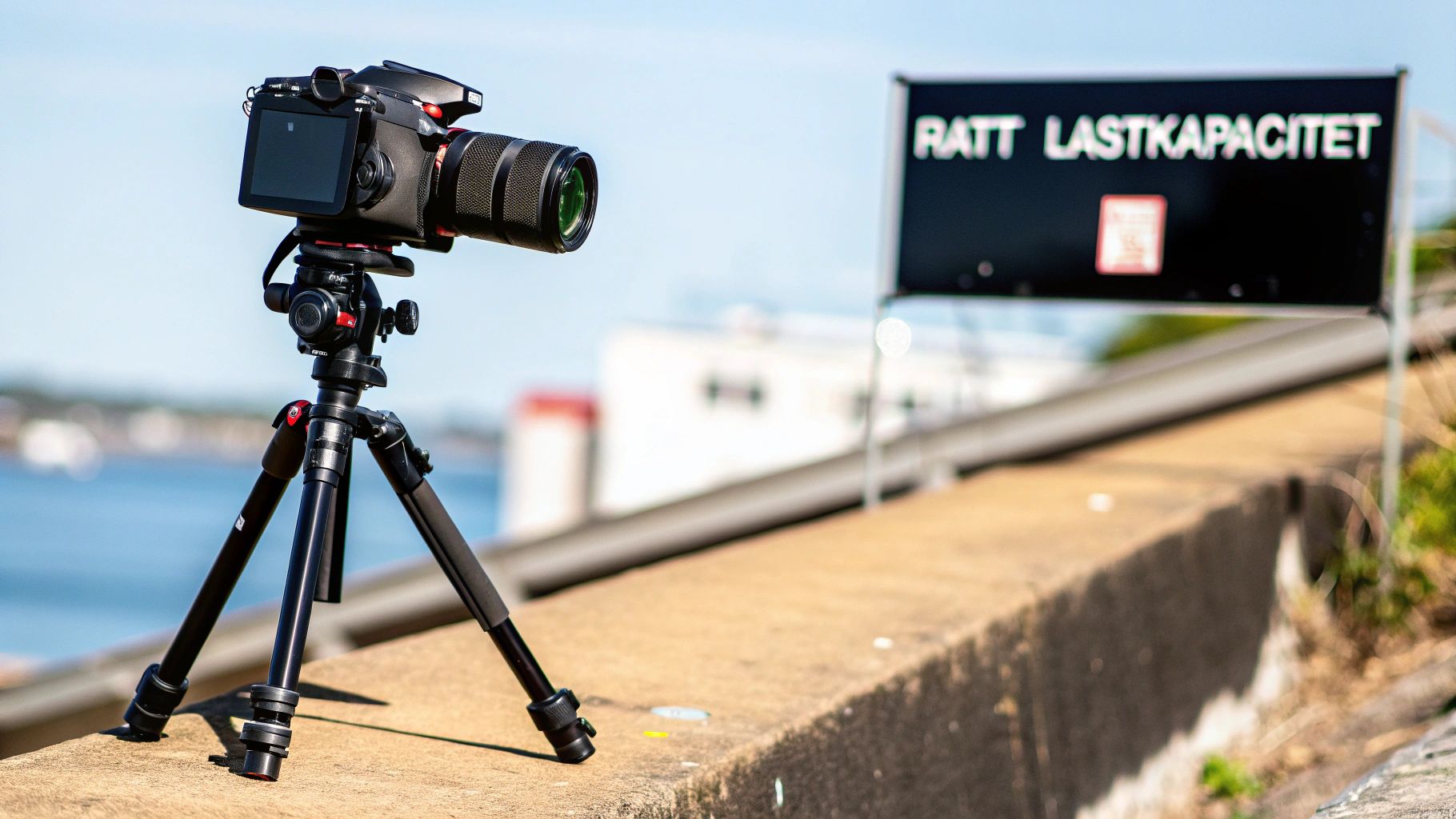En fotograf som justerar höjden på ett kamerastativ i en utomhusmiljö
