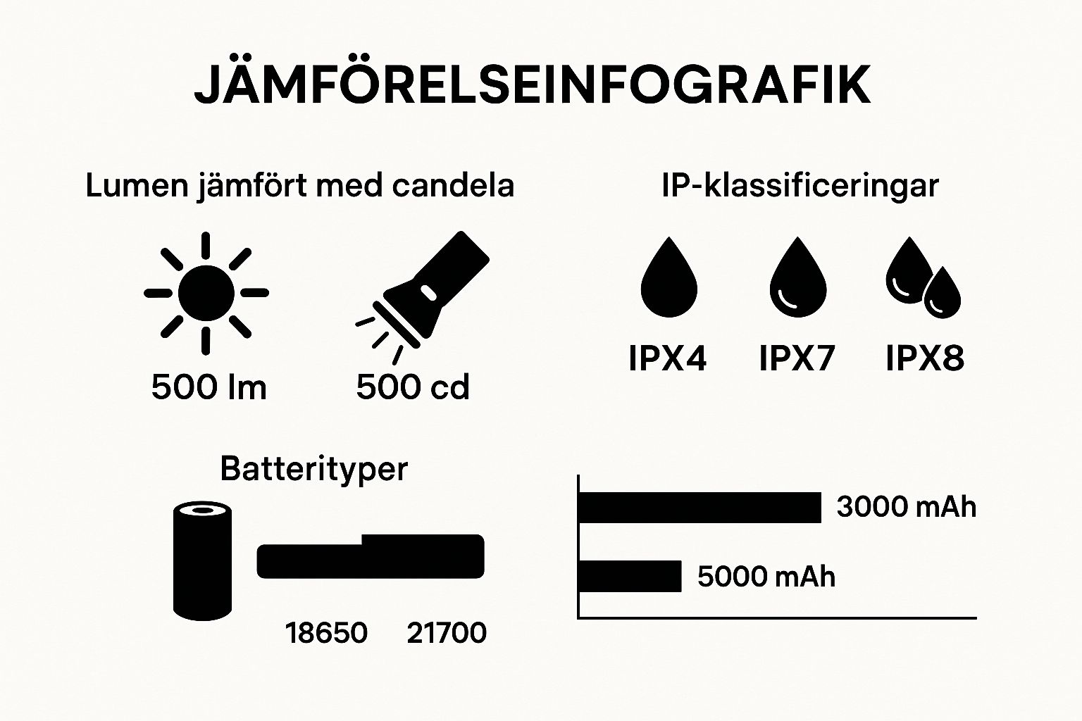 Infografik som jämför lumen vs. candela, IP-klassificeringar och batterityper för Nitecore-produkter