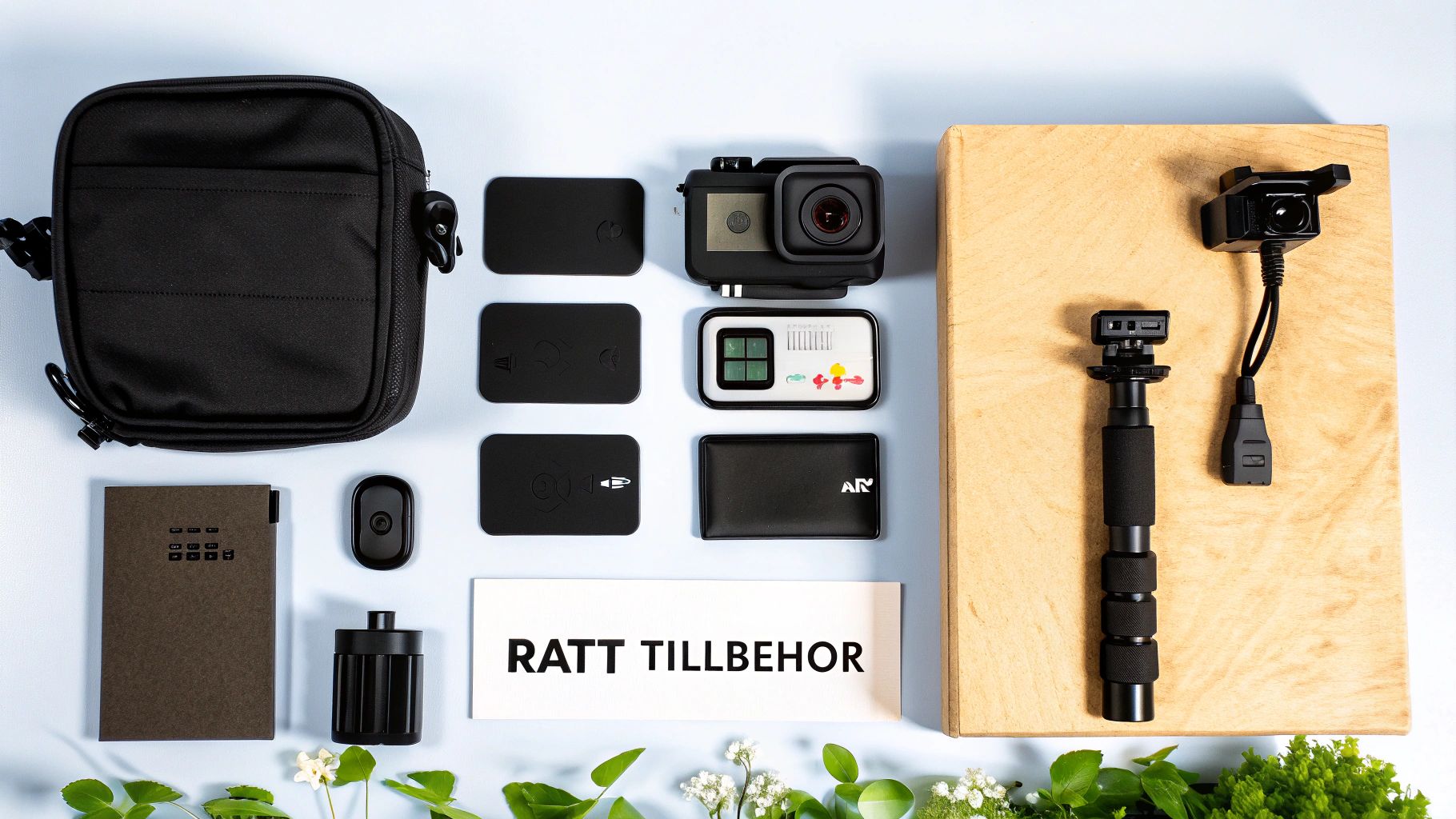 Litteä kuva erilaisia kameran lisävarusteita, mukaan lukien GoPro-kamera, laukku ja kiinnikkeet, vaaleansinisellä pinnalla.