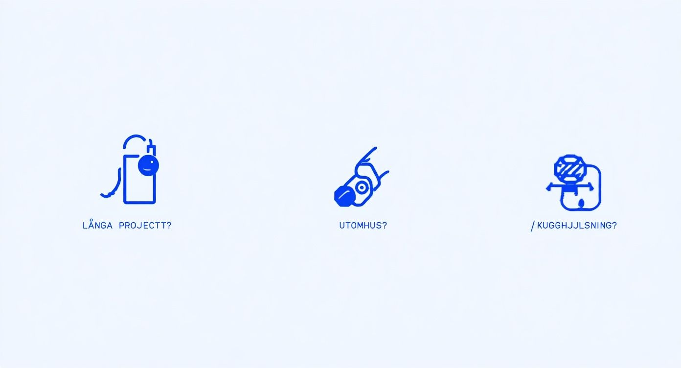 Tre blåa ikoner med illustrationer och frågor: långa projekt, utomhus och kugghjulslösningar på vit bakgrund.