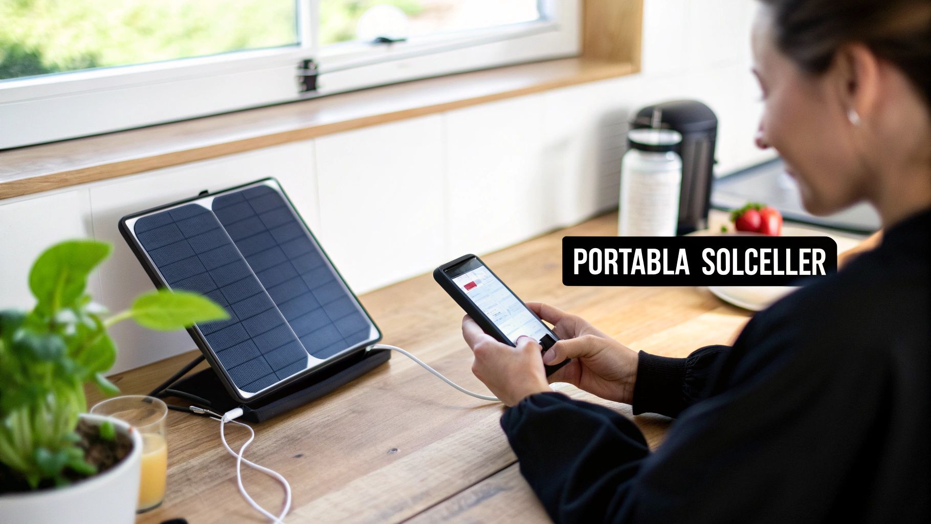 En person som sätter upp en portabel solcellspanel på en campingplats