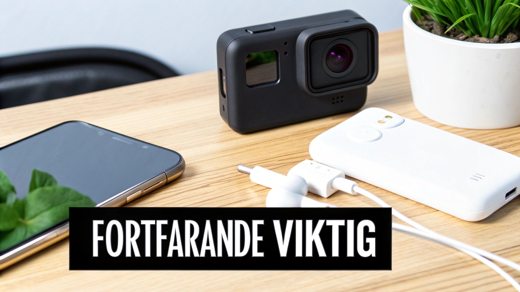 A GoPro camera, smartphone, power bank, and headphones lie on a wooden table. The text STILL IMPORTANT is overlaid.