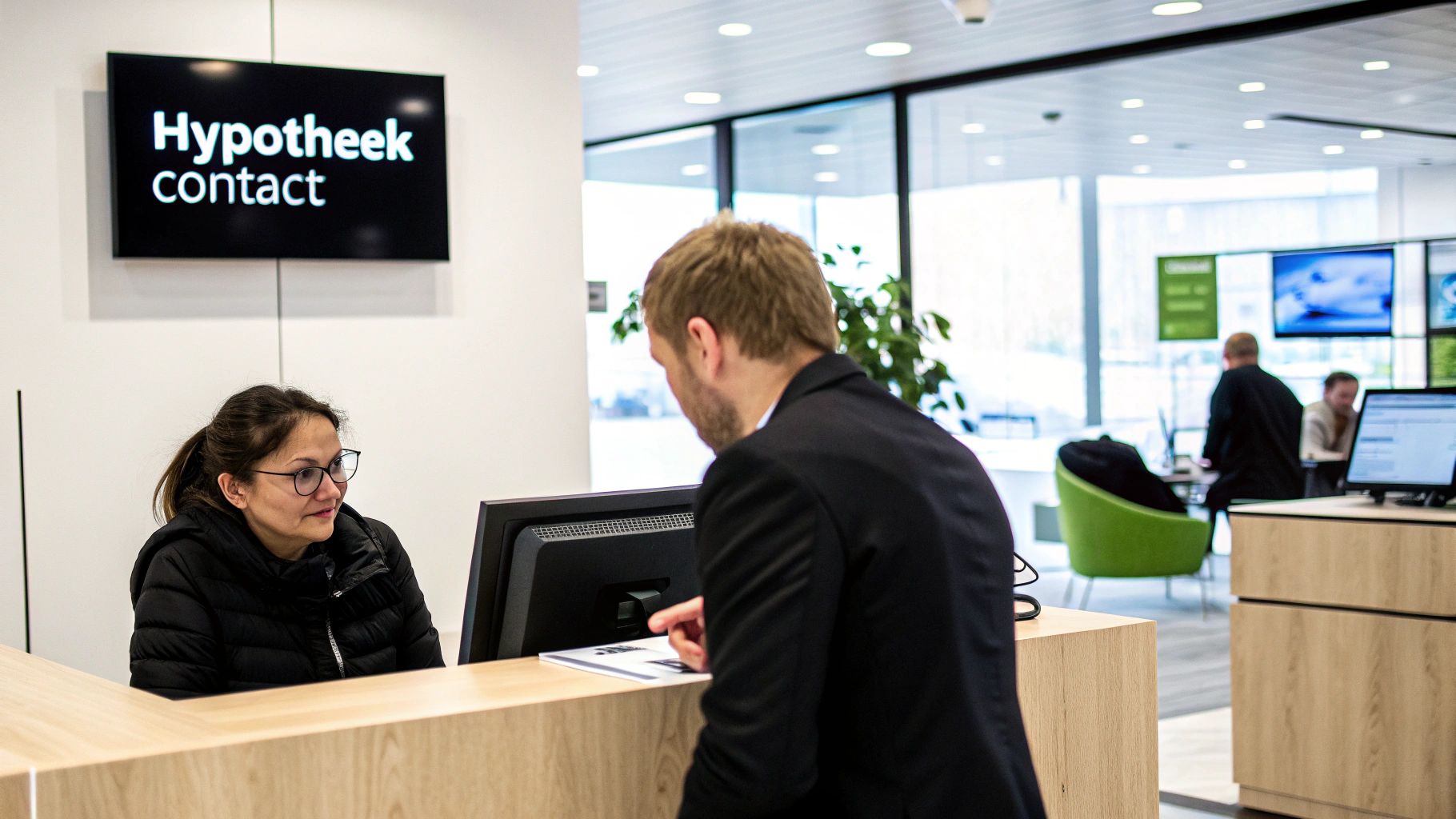 Een persoon die verschillende contactopties bekijkt op een tablet, zoals bellen en chatten, met op de achtergrond het ABN AMRO-logo