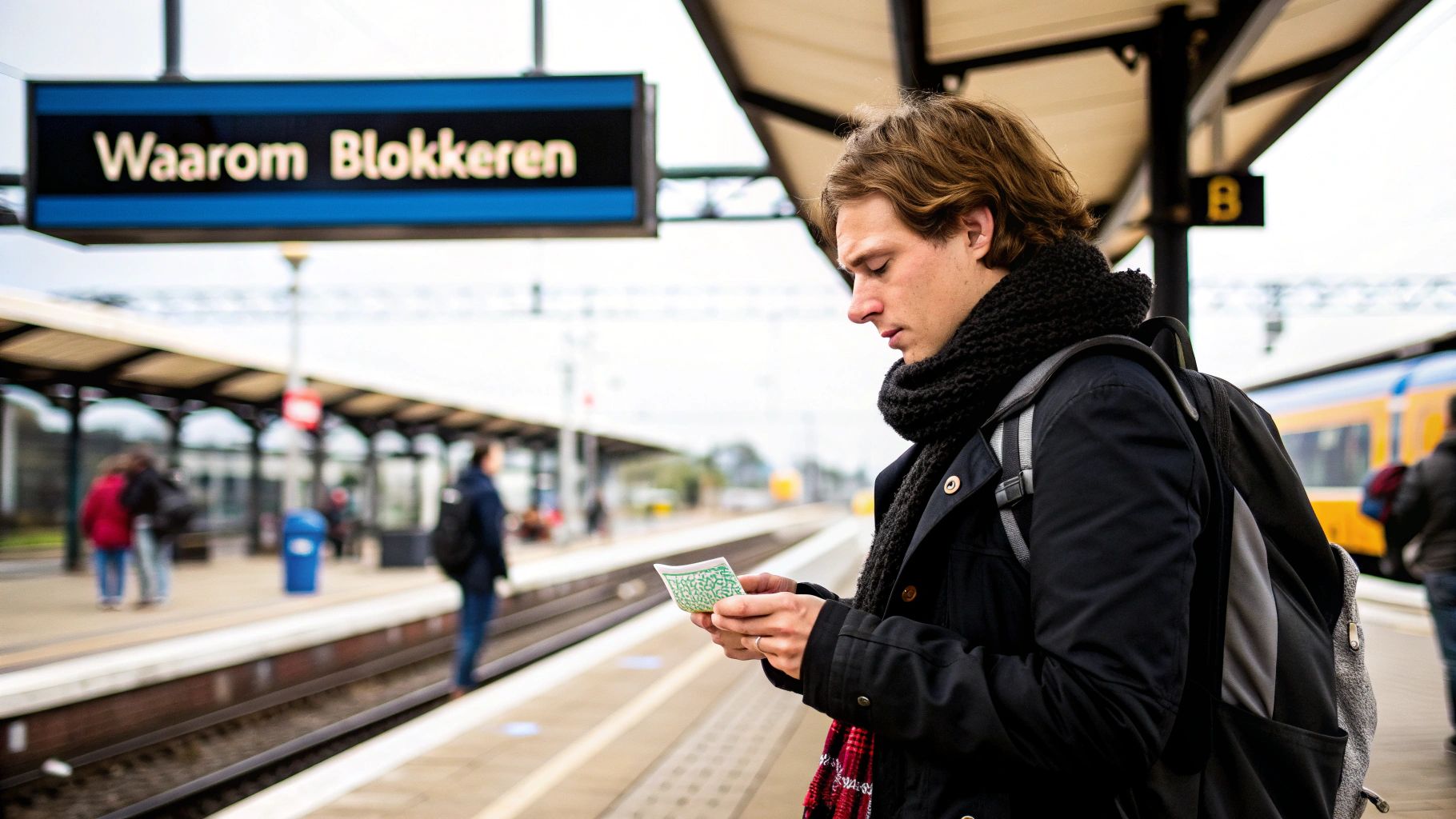 Paniekerige persoon die in tas zoekt naar OV-chipkaart op een treinstation