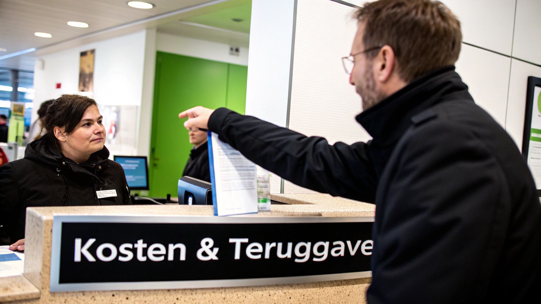 Een persoon die een vervangende OV-chipkaart vasthoudt met een treinstation op de achtergrond