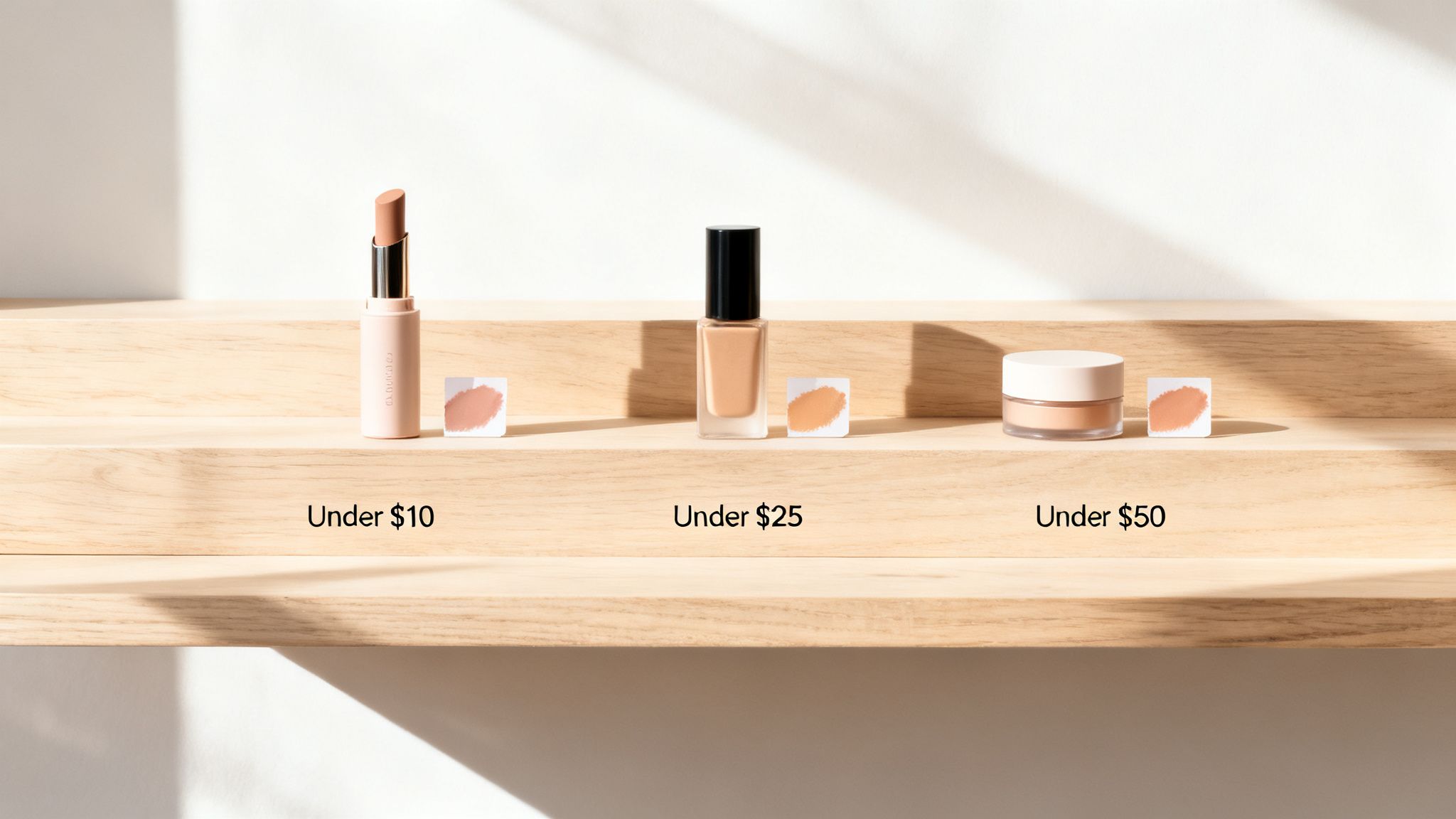 Three makeup products with swatches and price categories displayed on a wooden shelf.