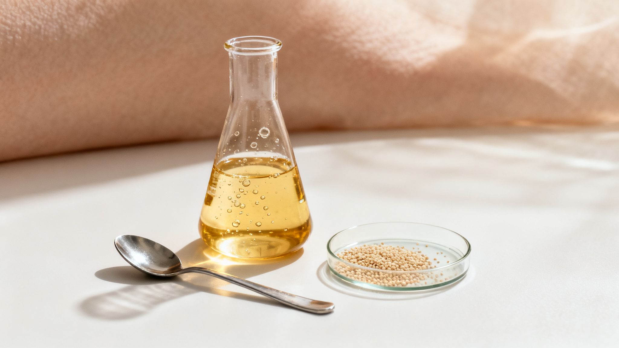 Chemical liquid in a flask, a spoon, and granules in a petri dish for cosmetic research.
