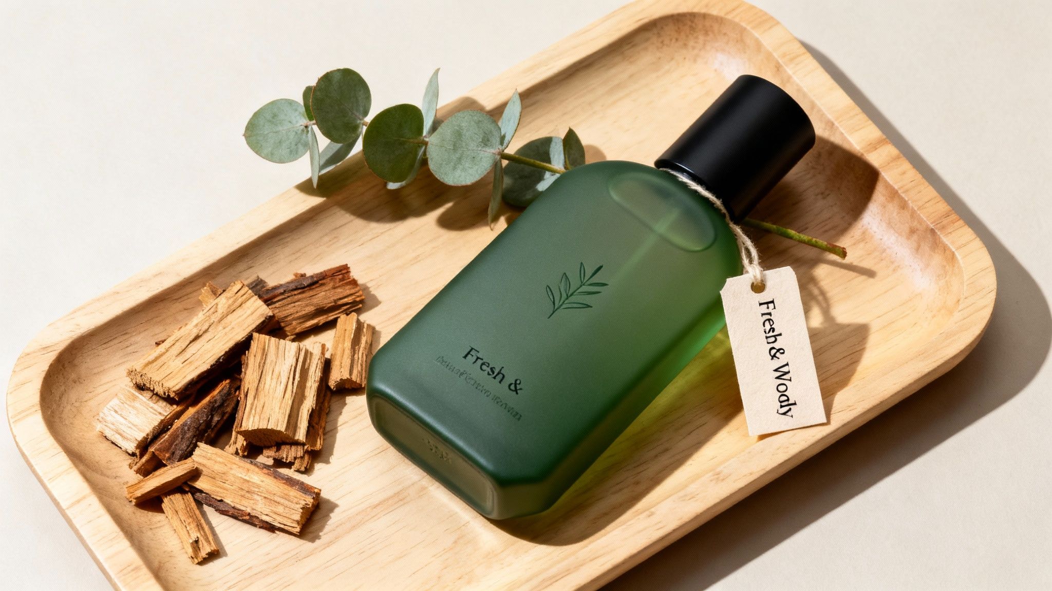A green perfume bottle labeled 'Fresh & Woody' on a wooden tray with wood chips and eucalyptus.