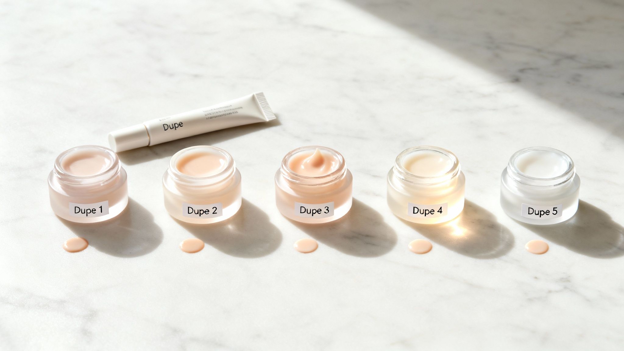 Five jars of skincare cream labeled 'Dupe 1-5' with corresponding swatches on a marble surface.
