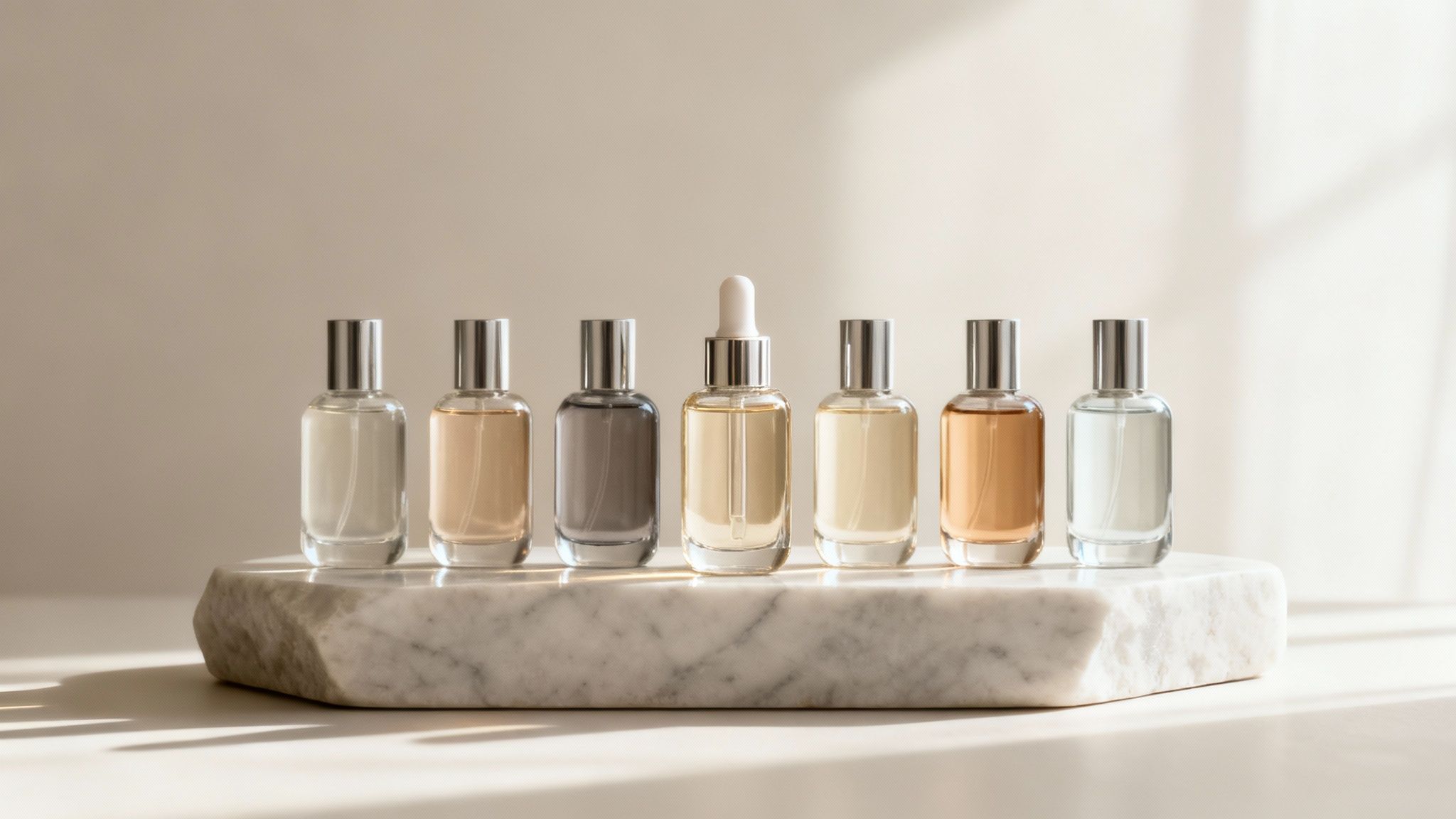 A minimalist display of eight elegant perfume and serum bottles, including a dropper, on a white marble slab.