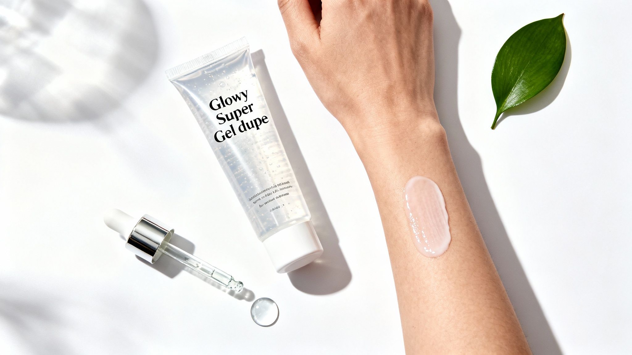 A hand with a pink swatch of glowy super gel, a clear gel tube, dropper, and green leaf.