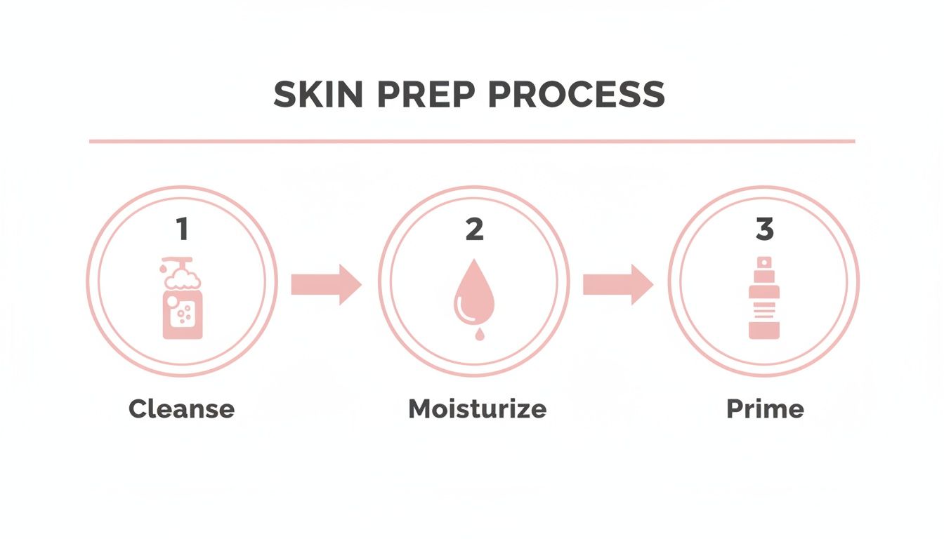 Infographic detailing the skin preparation process with steps: cleanse with soap, moisturize with serum, and prime with spray.