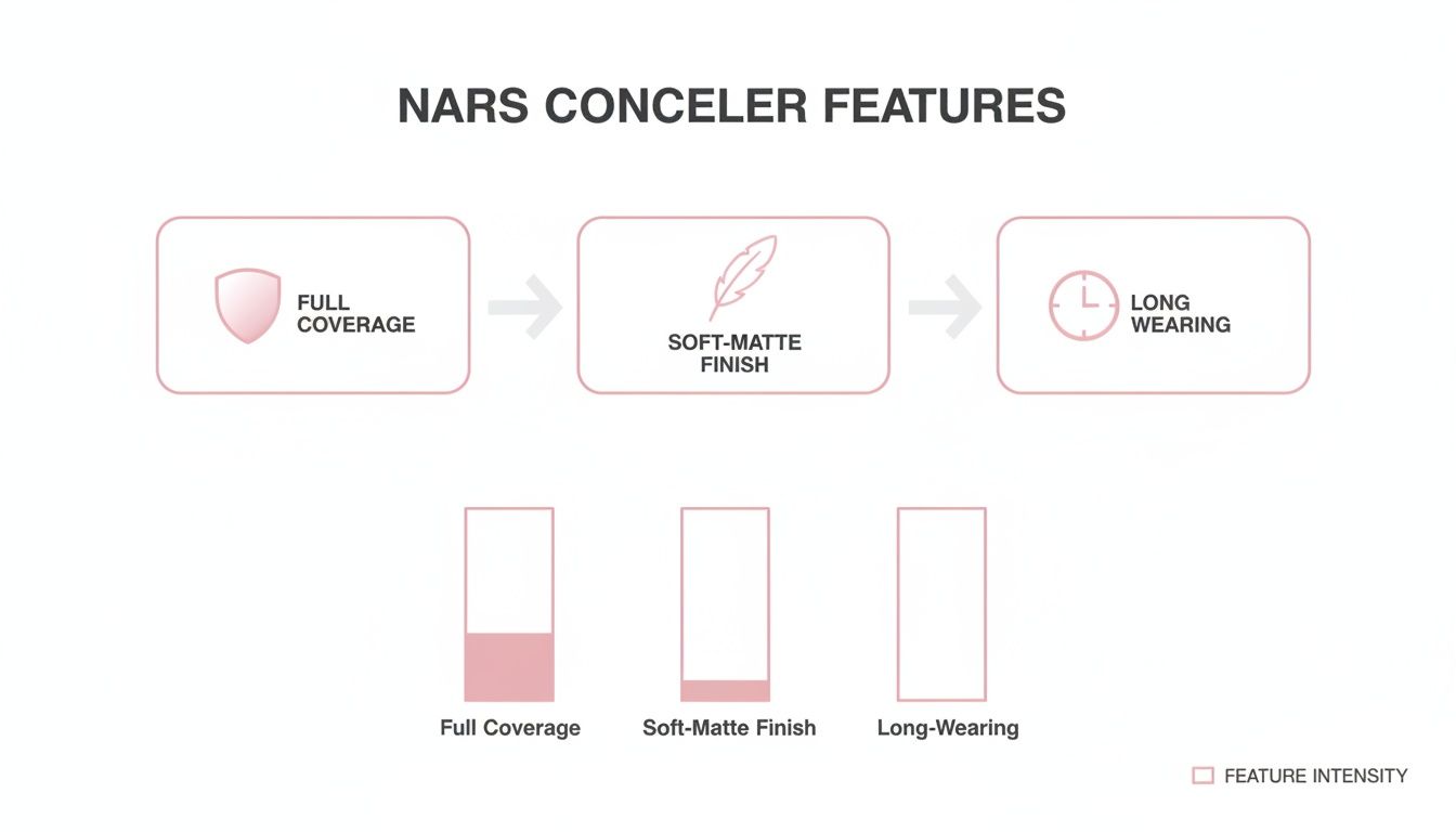 Infographic displaying NARS concealer features: full coverage, soft-matte finish, and long-wearing, with intensity levels.