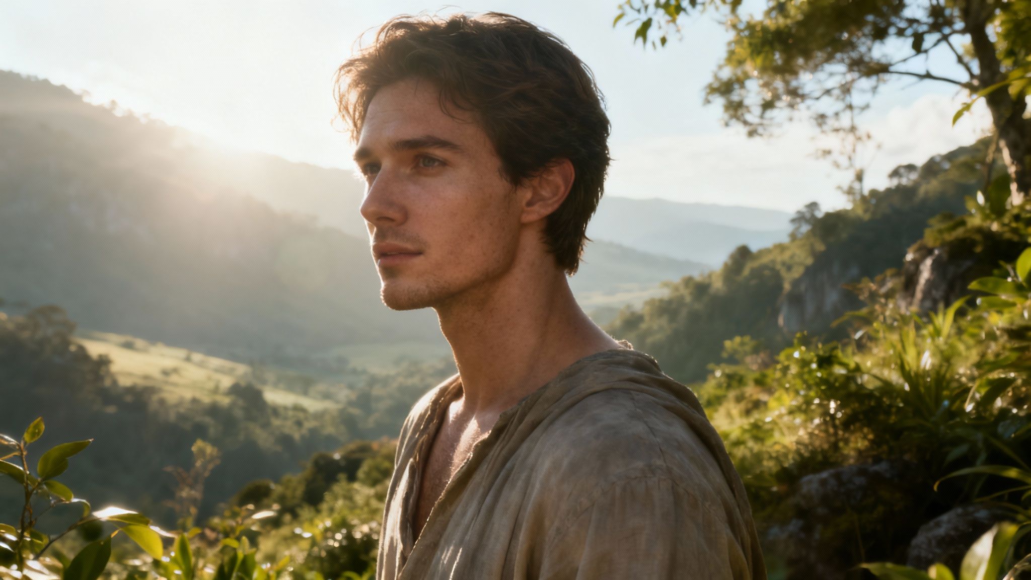 Close-up of a young man gazing contemplatively at a scenic, sunlit mountain vista.