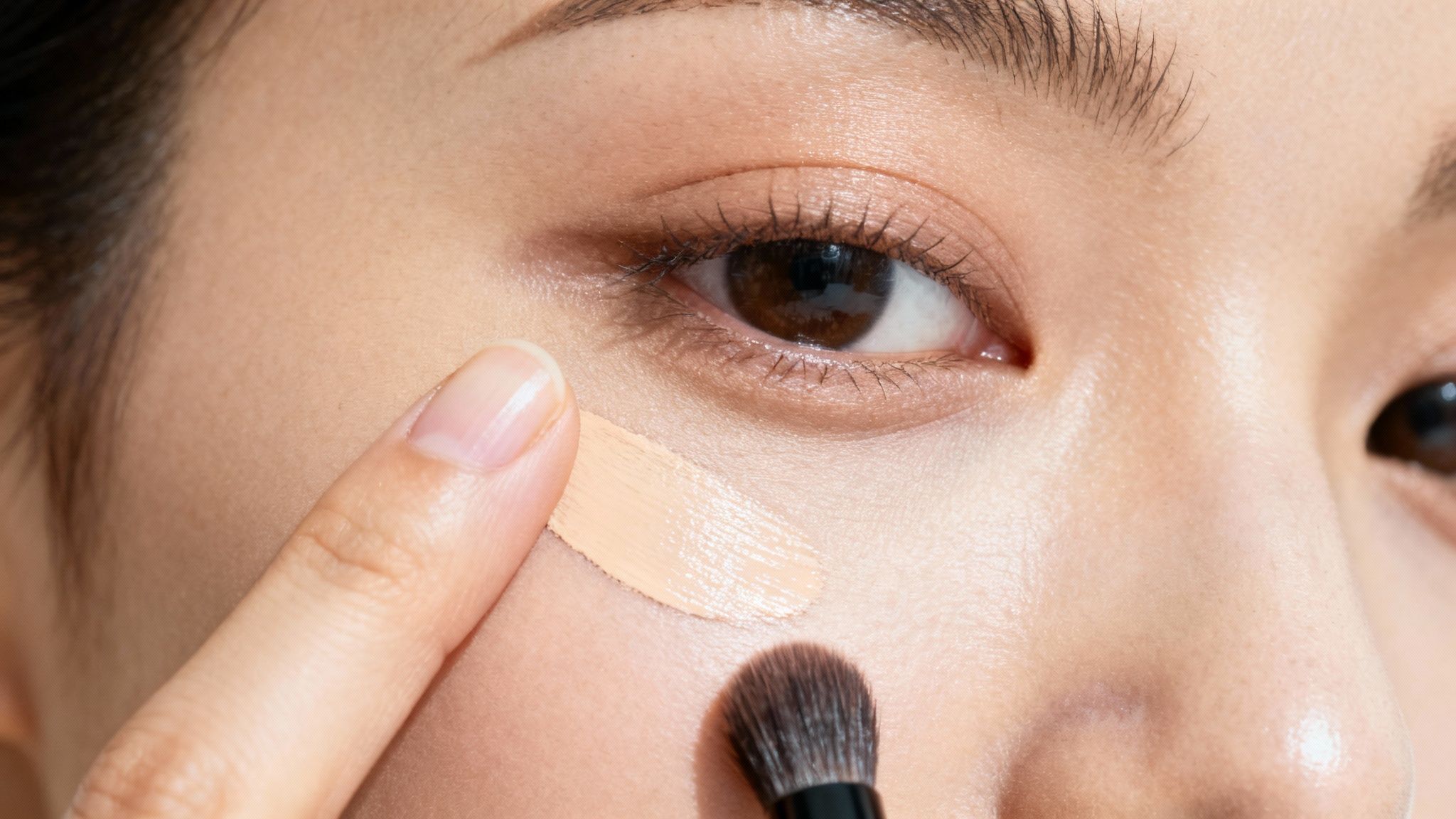 Close-up of a person applying under-eye concealer with a finger and blending brush.