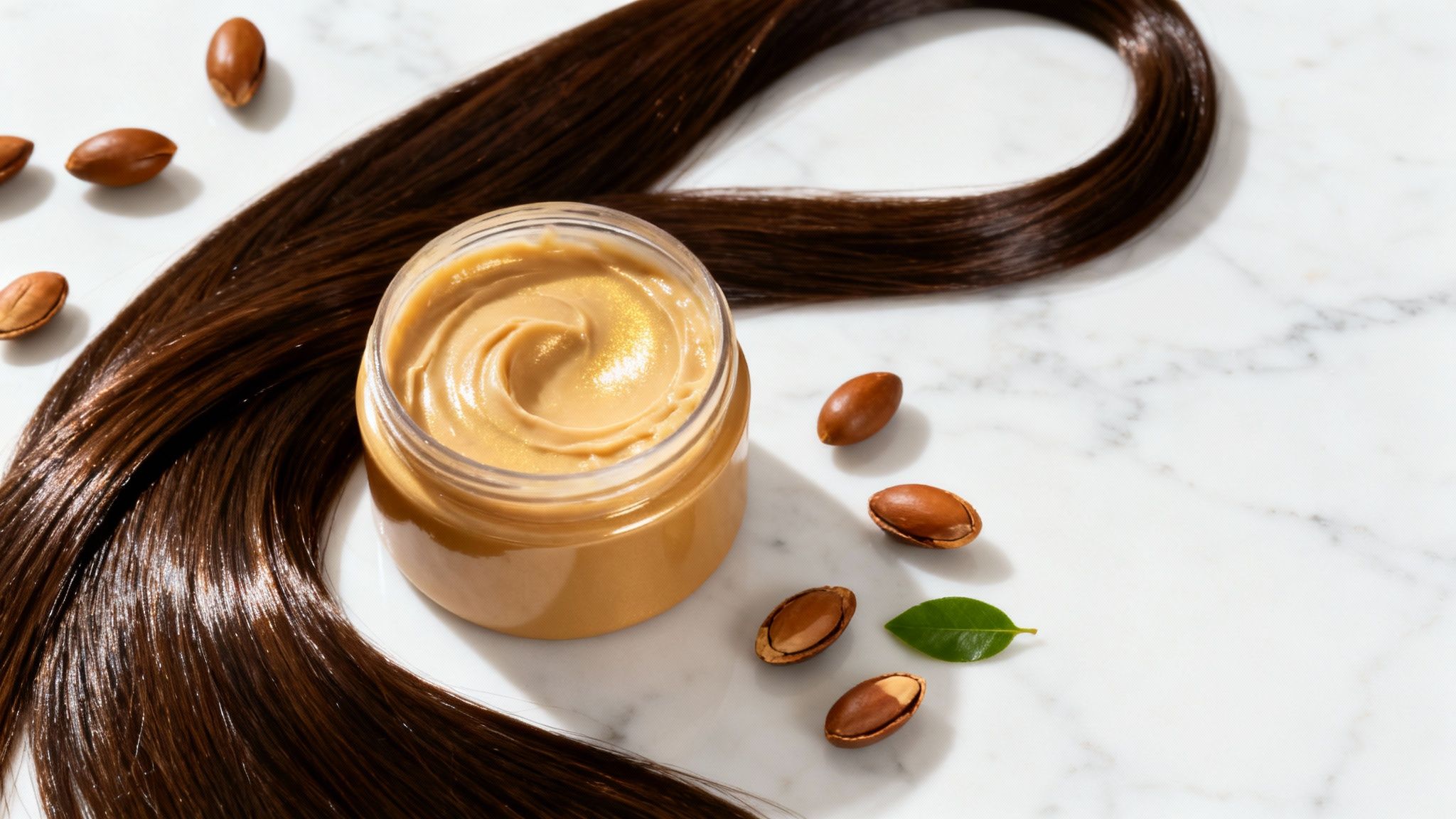 Shiny brown hair with a golden argan oil hair mask and argan nuts on marble.