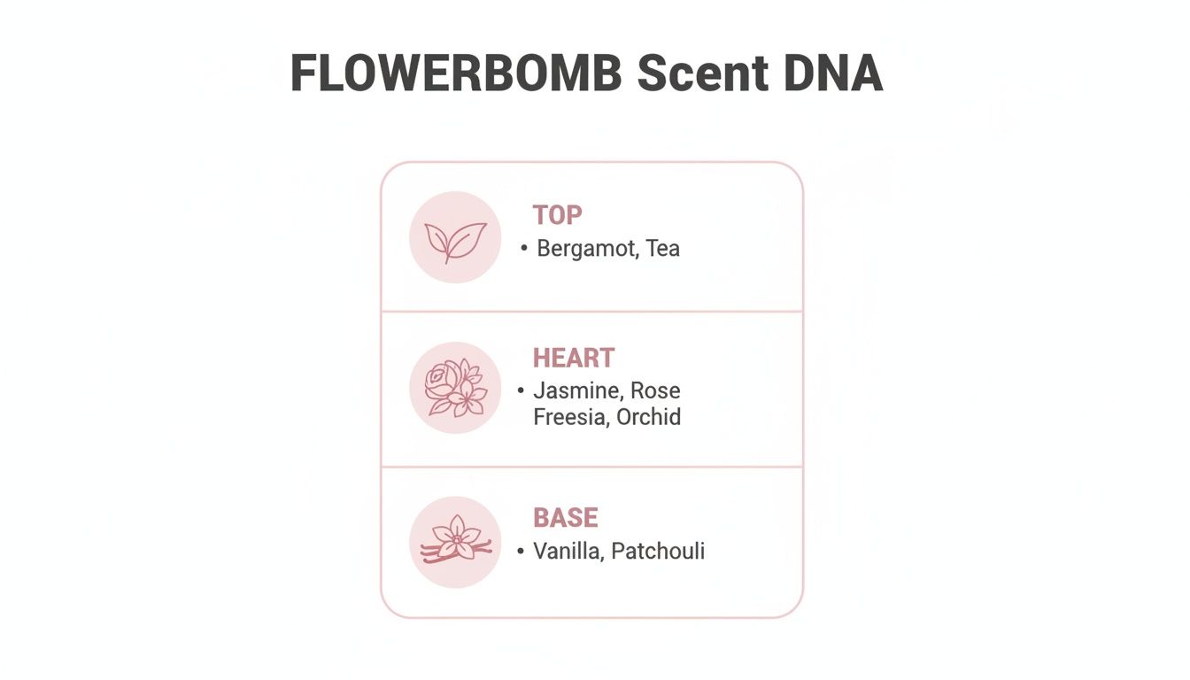 A diagram illustrating the Flowerbomb perfume scent DNA with top, heart, and base notes.