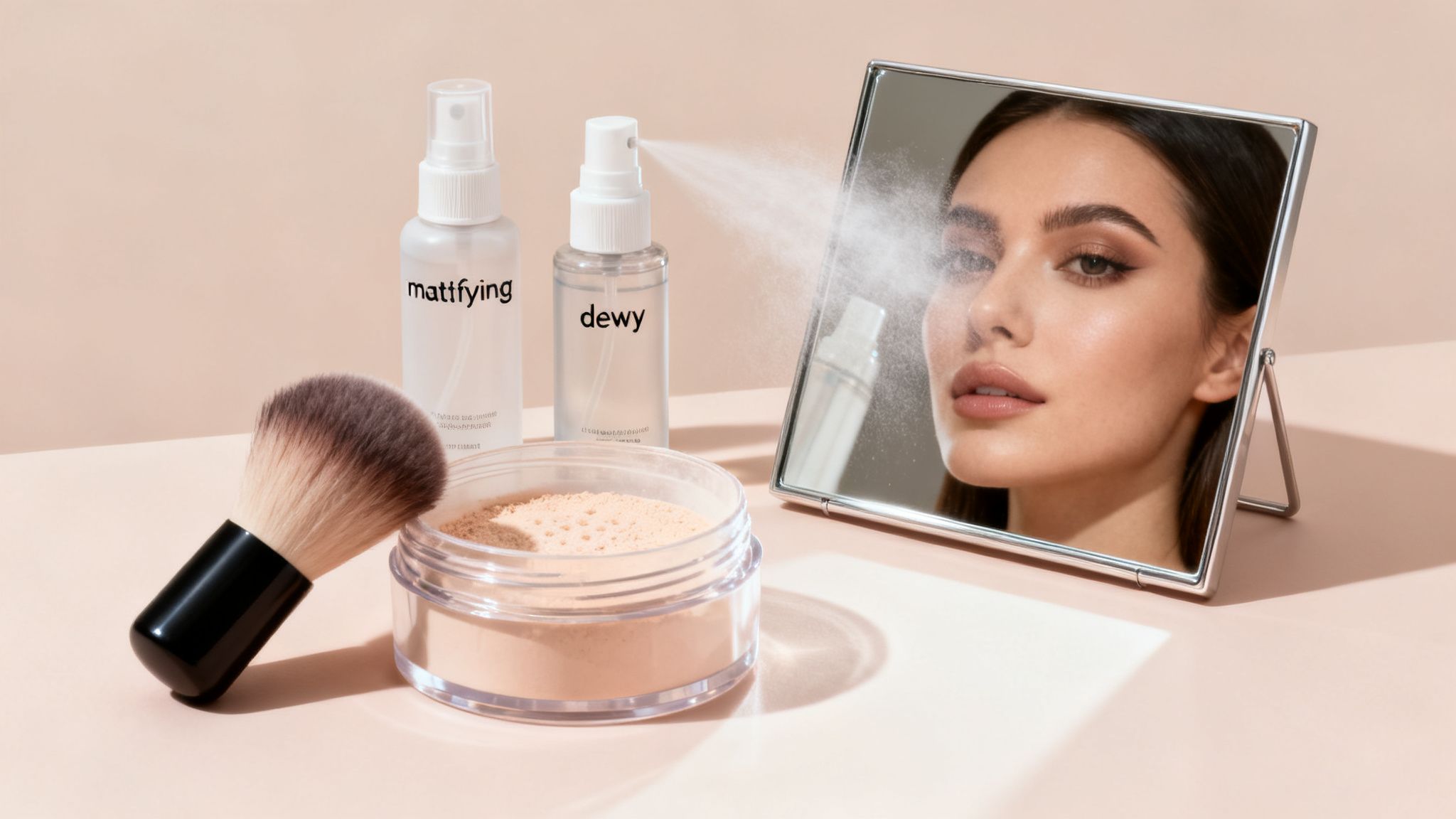 Makeup products: mattifying and dewy setting sprays, loose powder, a brush, and a mirror reflecting a woman's face.