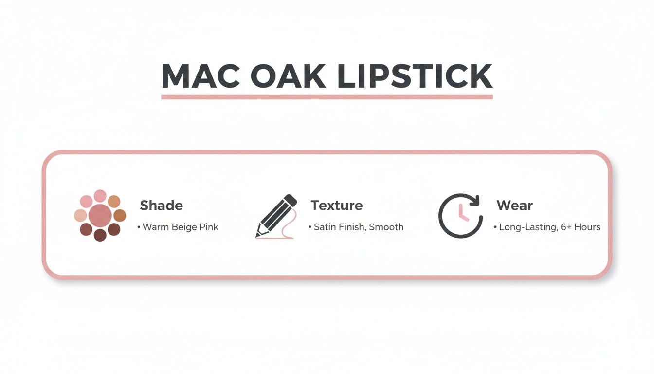 MAC Oak lipstick details: warm beige pink shade, satin smooth texture, long-lasting wear 6+ hours.