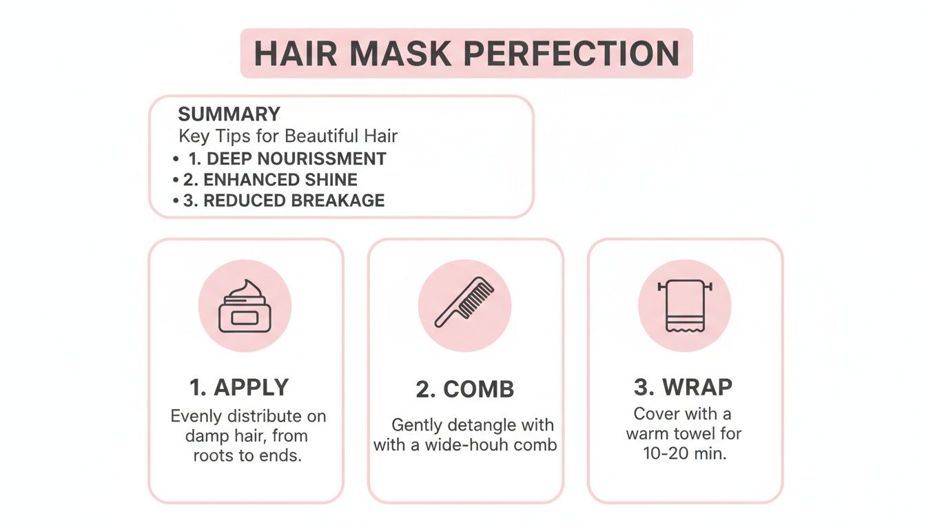 A three-step guide for perfect hair mask application, highlighting deep nourishment and enhanced shine.