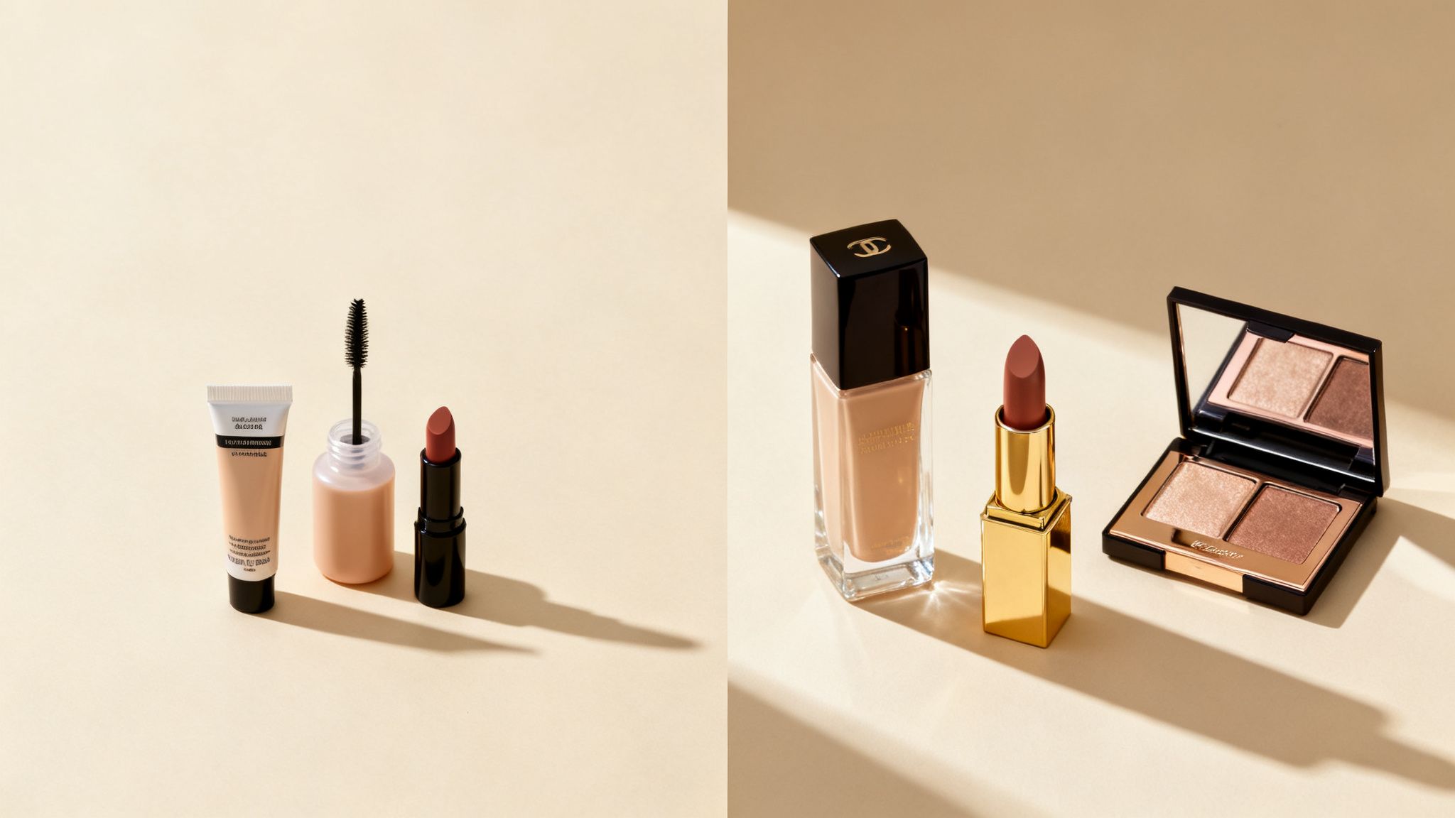 A split image comparing drugstore and high-end makeup, featuring foundations, mascaras, lipsticks, and an eyeshadow palette.