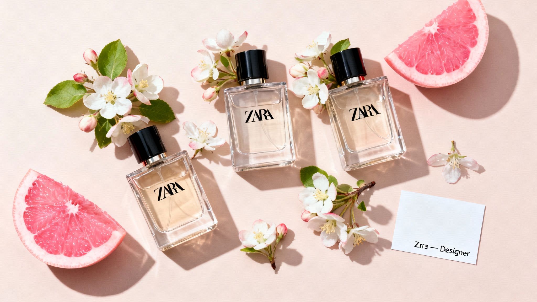 Three Zara perfume bottles, pink grapefruit slices, and apple blossoms on a light pink background.