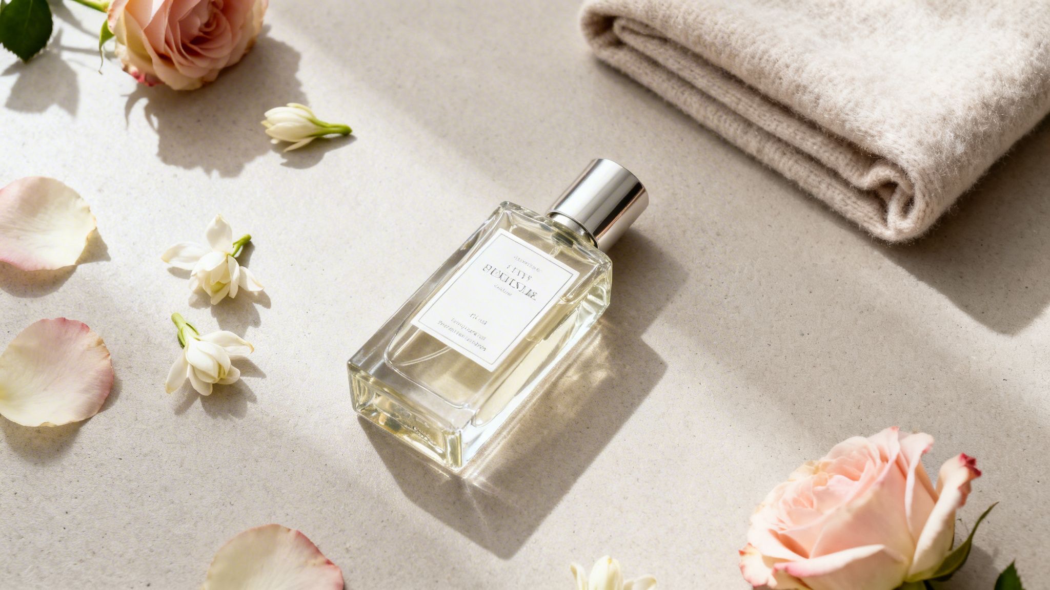 A perfume bottle surrounded by rose petals, jasmine flowers, and a folded beige knitted fabric.