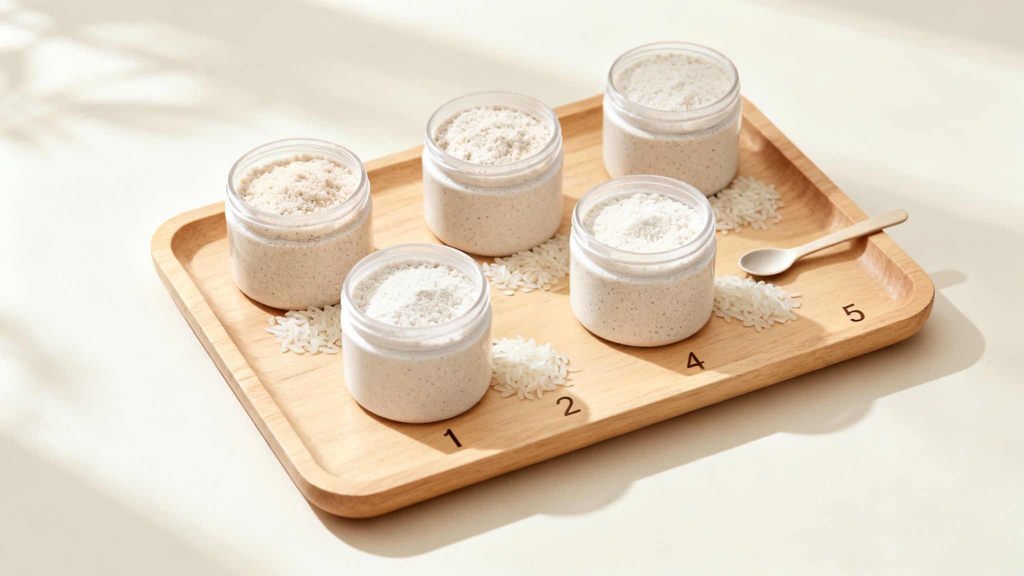 Five open jars of white rice powder on a wooden tray with scattered rice grains and a small spoon.