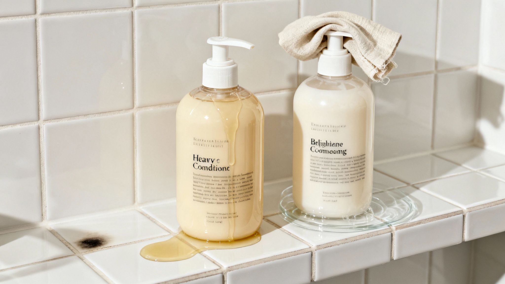 Two pump bottles of hair care products, one spilling liquid, on white bathroom tiles.