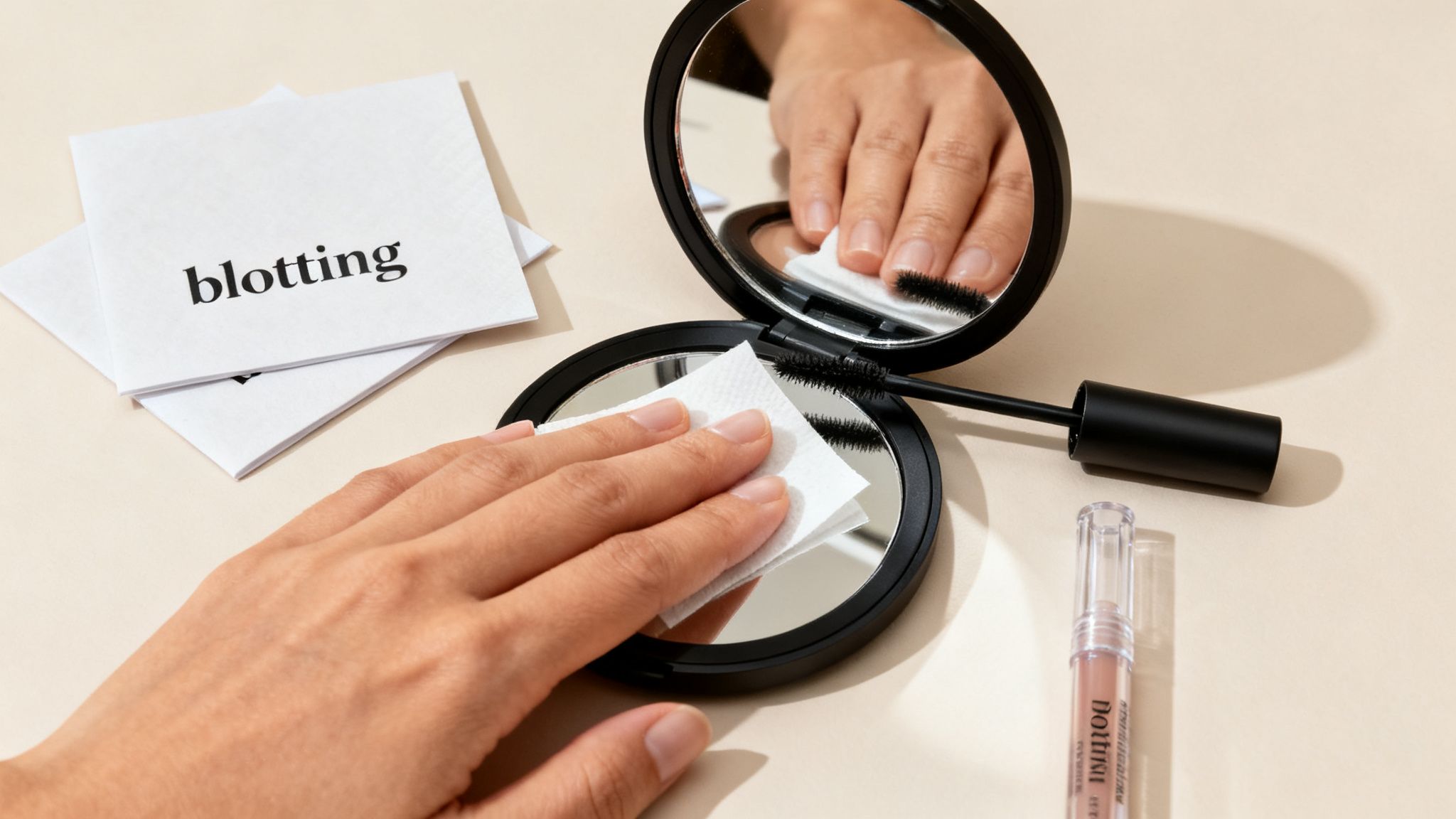 A hand uses blotting paper on a compact mirror, with mascara and lip gloss nearby.