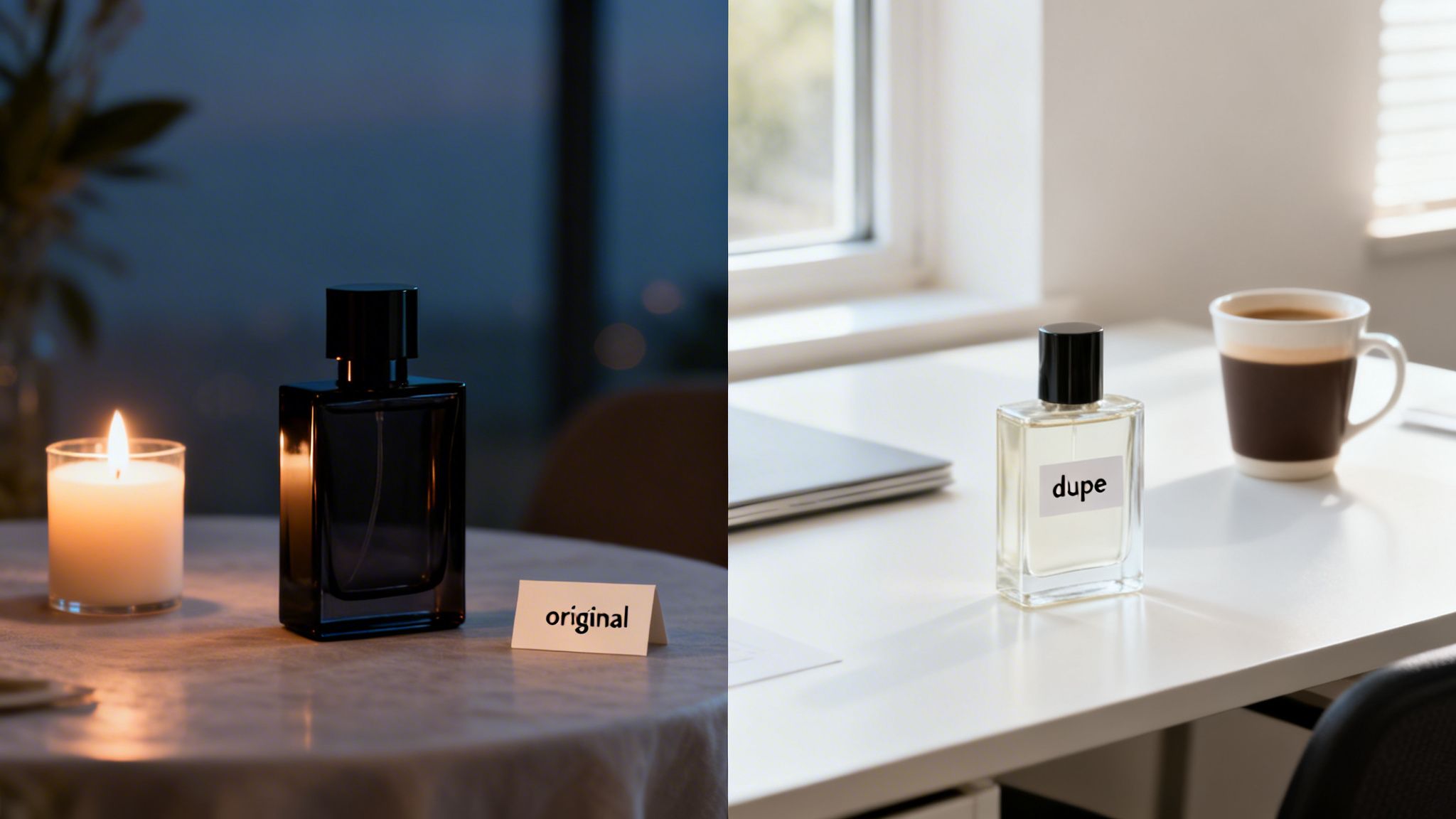 Two perfume bottles, one 'original' in a dark, candlelit setting and one 'dupe' on a bright office desk.