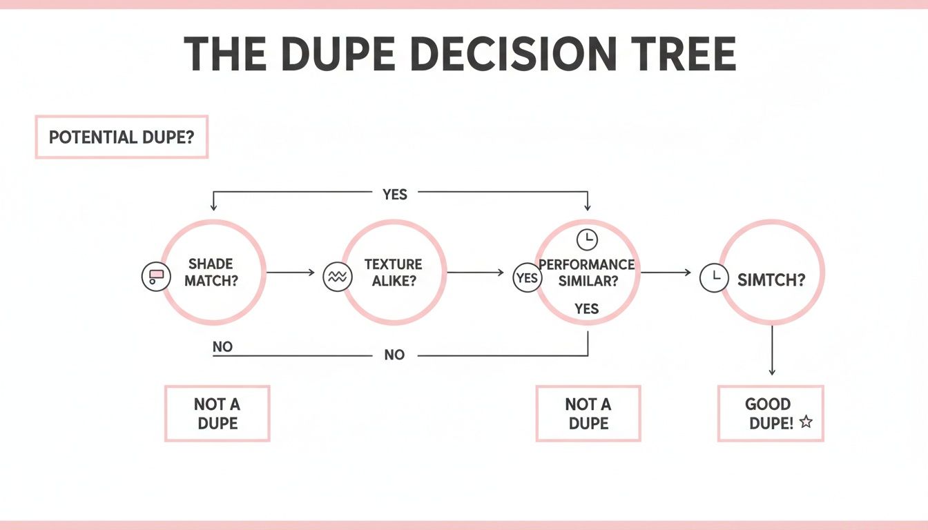 A dupe decision tree flowchart for beauty products, evaluating shade, texture, and performance.