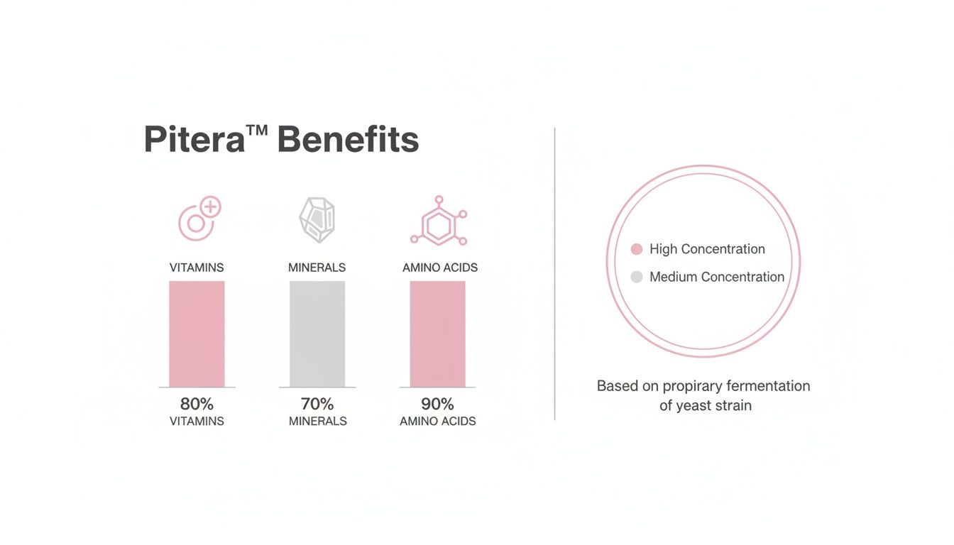 Pitera™ benefits infographic showing high concentrations of vitamins, minerals, and amino acids from yeast fermentation.