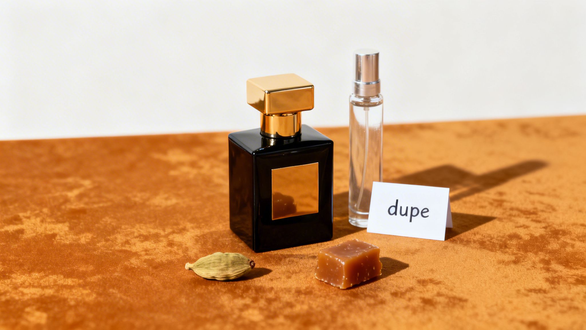 A black and gold perfume bottle, a clear dupe spray, cardamom, and caramel on a velvet surface.