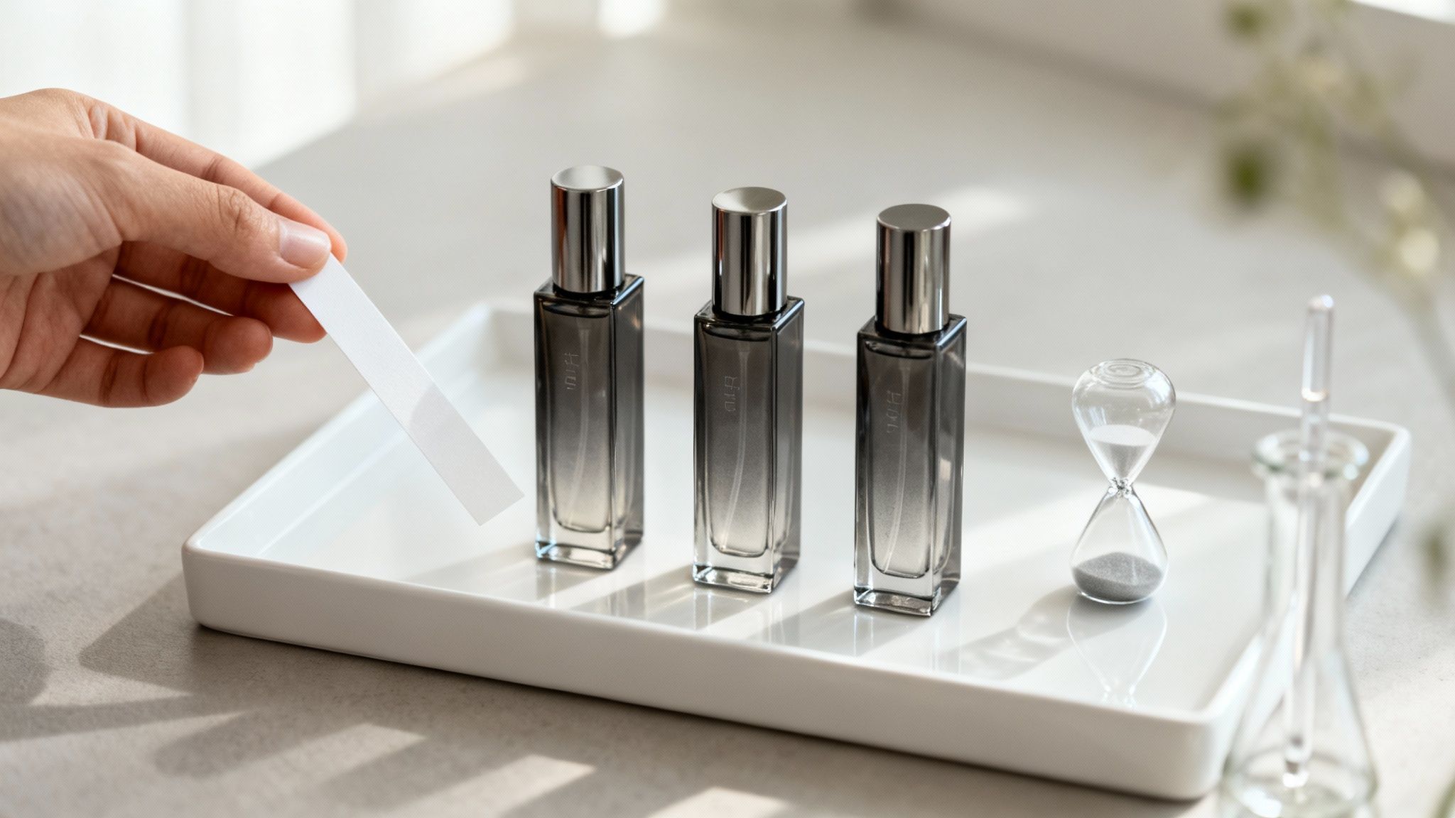 A hand holds a perfume test strip next to three elegant dark fragrance bottles, an hourglass, and a flask on a white tray.