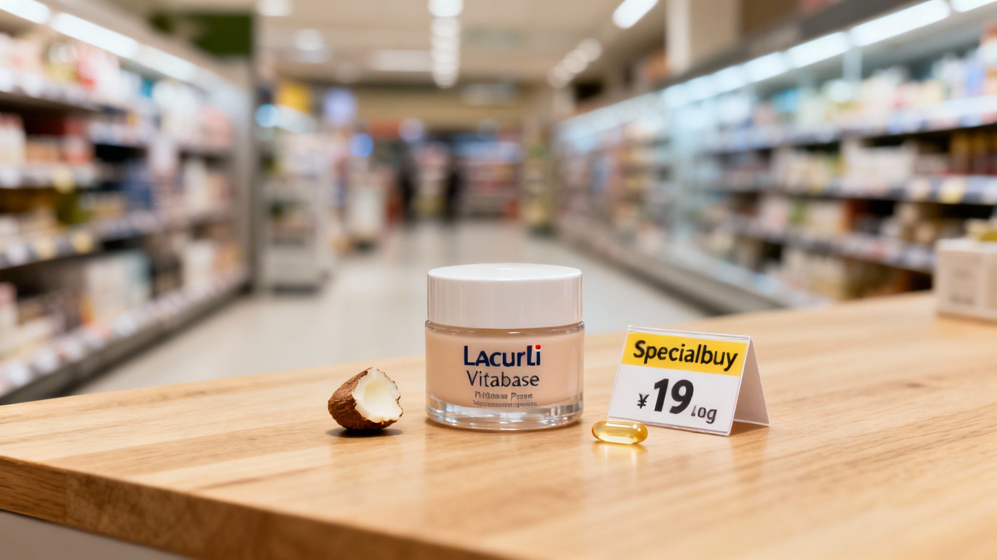 LaCurli Vitabase cream, coconut piece, and a capsule on a wooden surface in a store aisle, with a Specialbuy price tag.
