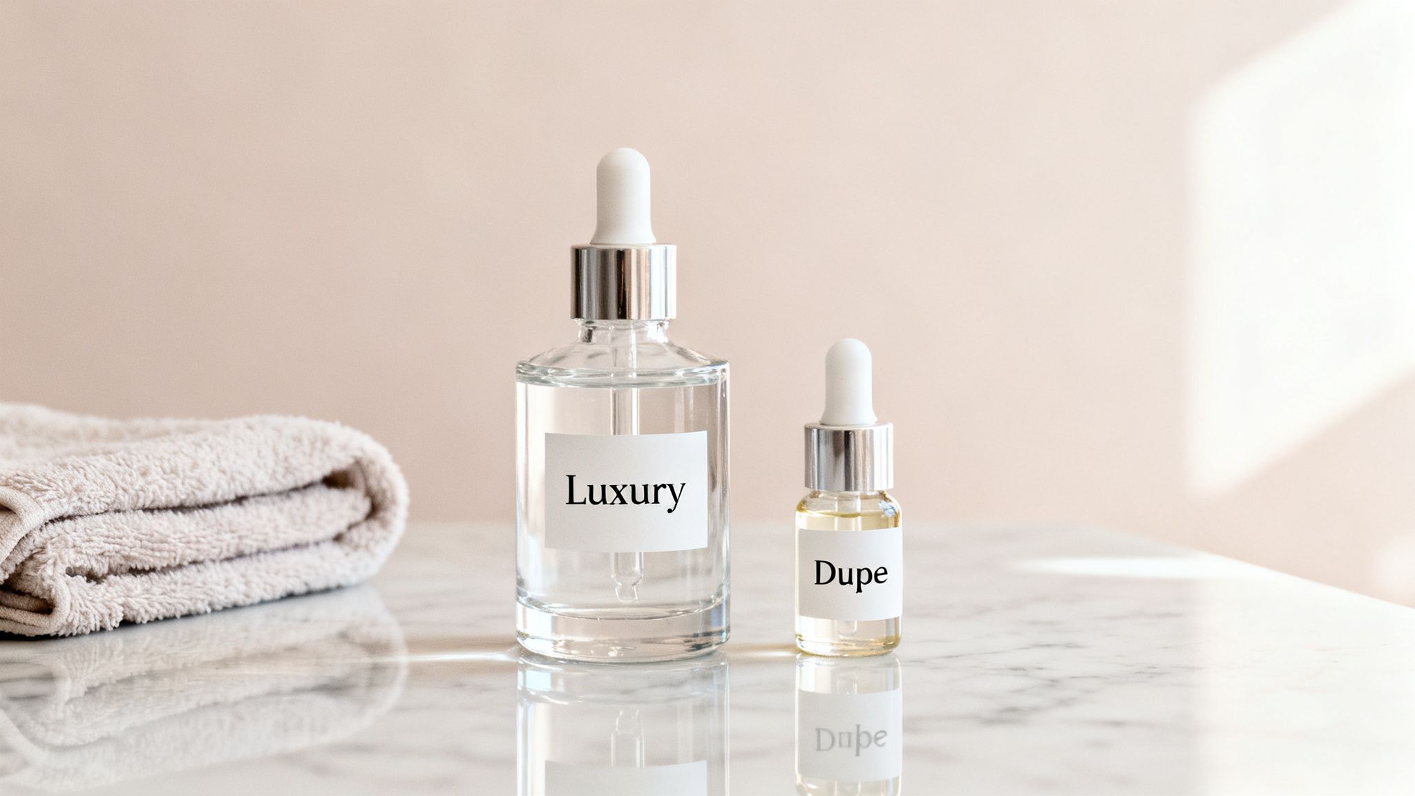 Two clear skincare dropper bottles, one labeled 'Luxury' and the other 'Dupe', on a marble counter.