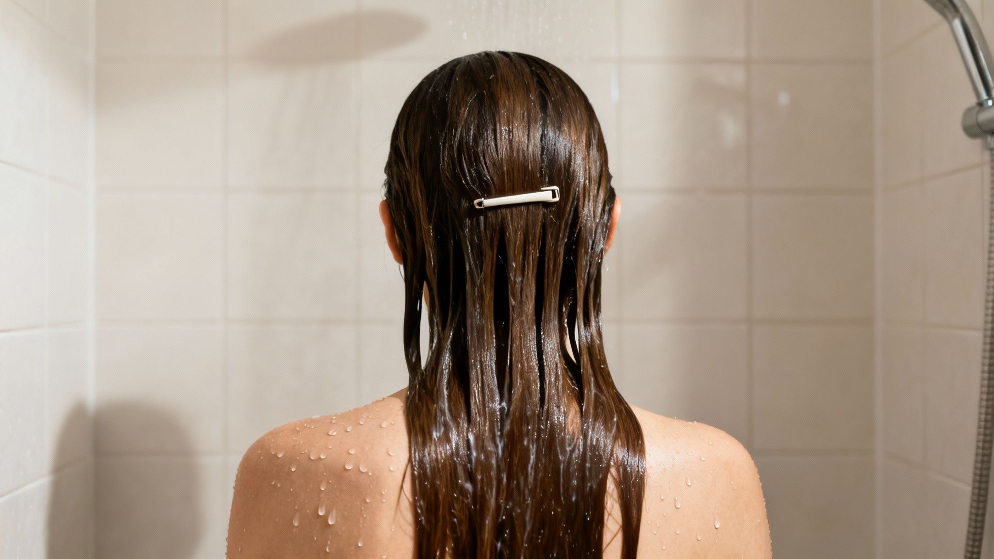 Back view of a person with long, wet brown hair under a shower, a hair clip visible.