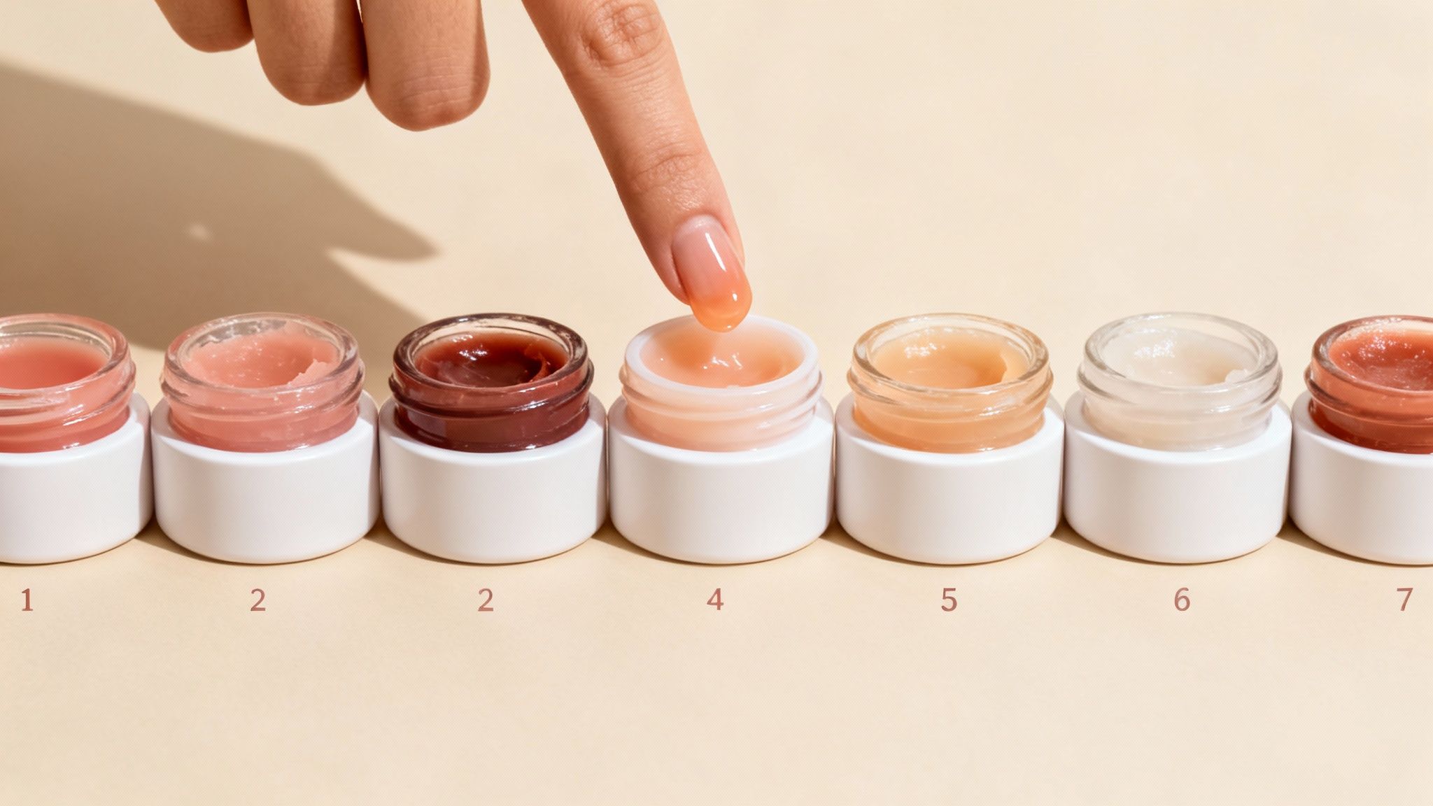 A hand dips into a jar of peach-tinted lip balm, surrounded by six other colorful shades.