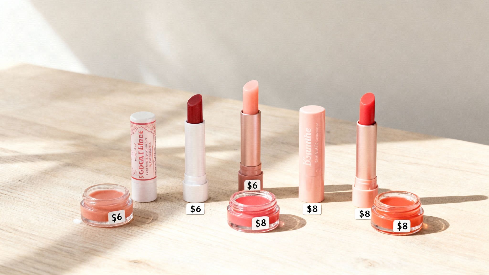 Various shades of lip balms and lipsticks in tubes and pots with price tags on a wooden table.