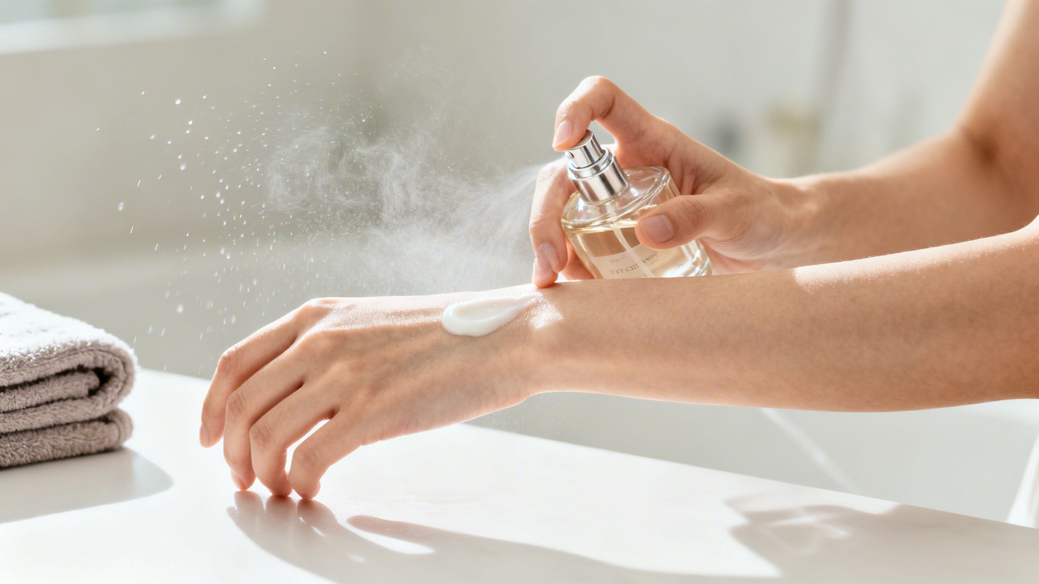 A person sprays perfume near their hand with a dollop of cream, beside folded towels.