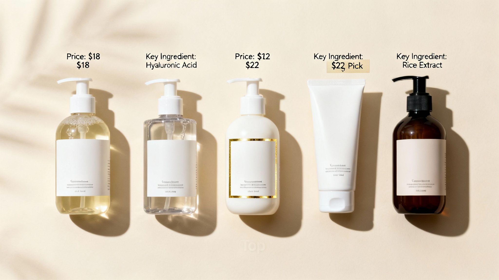 Five skincare product bottles and a tube, each with labels, prices, and key ingredients like rice extract.
